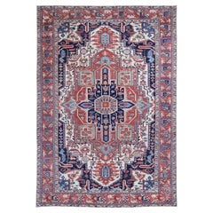 Tappeto annodato a mano in pura lana, modello Karajeh Serapi, stile Farsiano antico color avorio, 8'10" x 12'5"