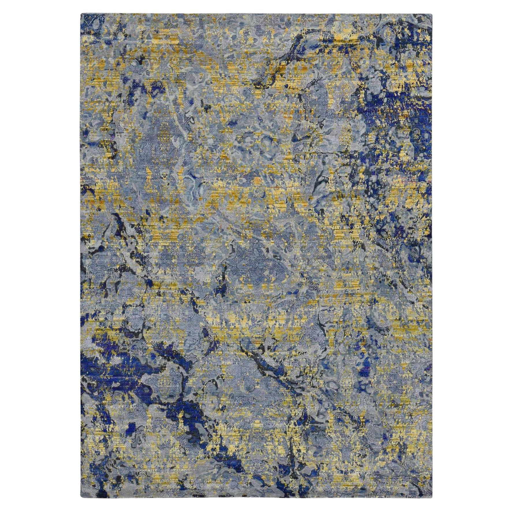 8'10"x12'5" jaune Laguna, design moderne, soie avec laine, noué à la main en vente