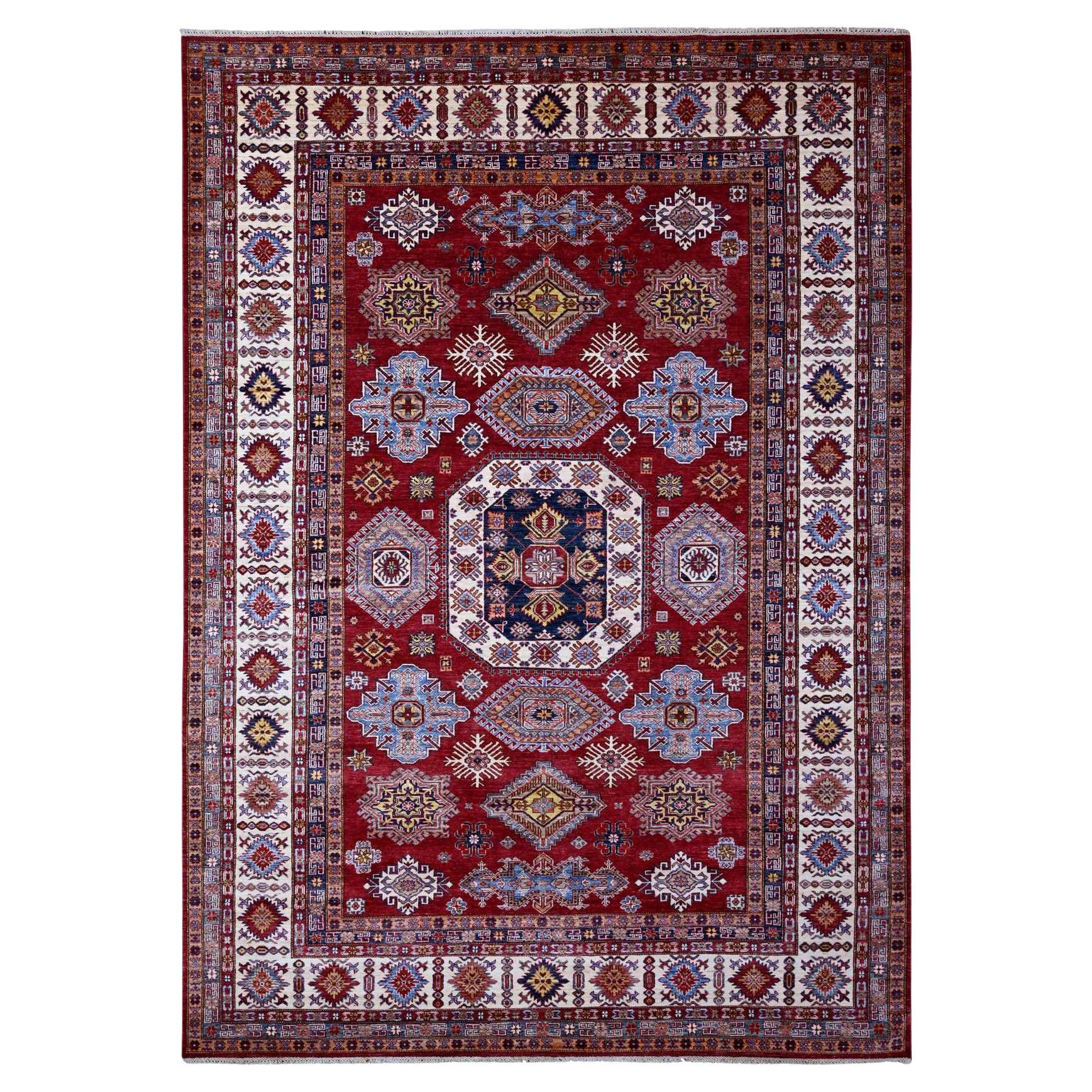 8'10"x12'5" Scarlet Red Afghan Super Kazak Shiny Wool Hand Knotted Oriental Rug