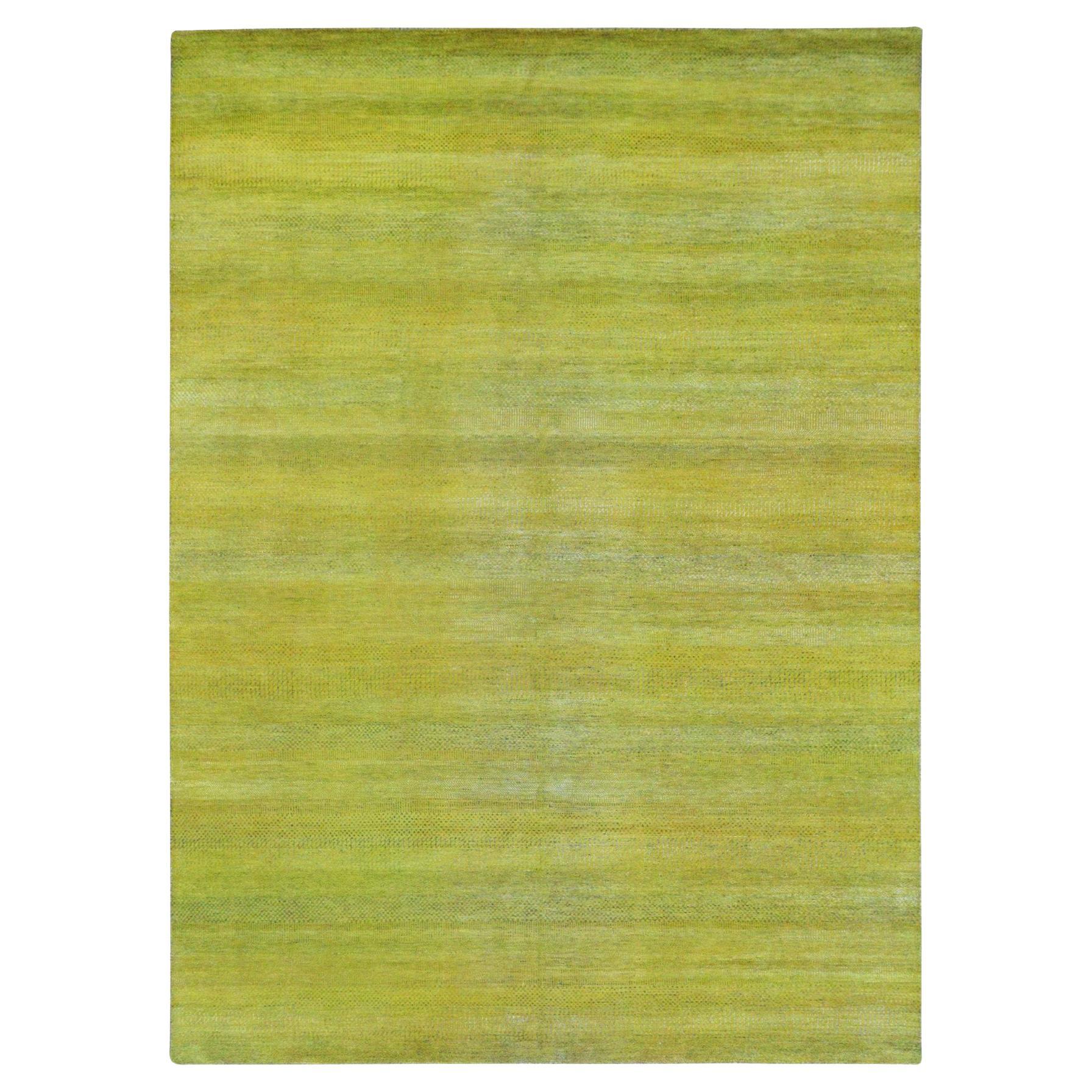 8'10 "x12'5" Jaune Modernity Grass Design Laine et Soie Rugs Orientaux Noués à la Main
