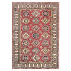 8'10 "x12'8" Alfombra afgana anudada a mano de color rojo intenso Super Kazak de tejido denso de pura lana