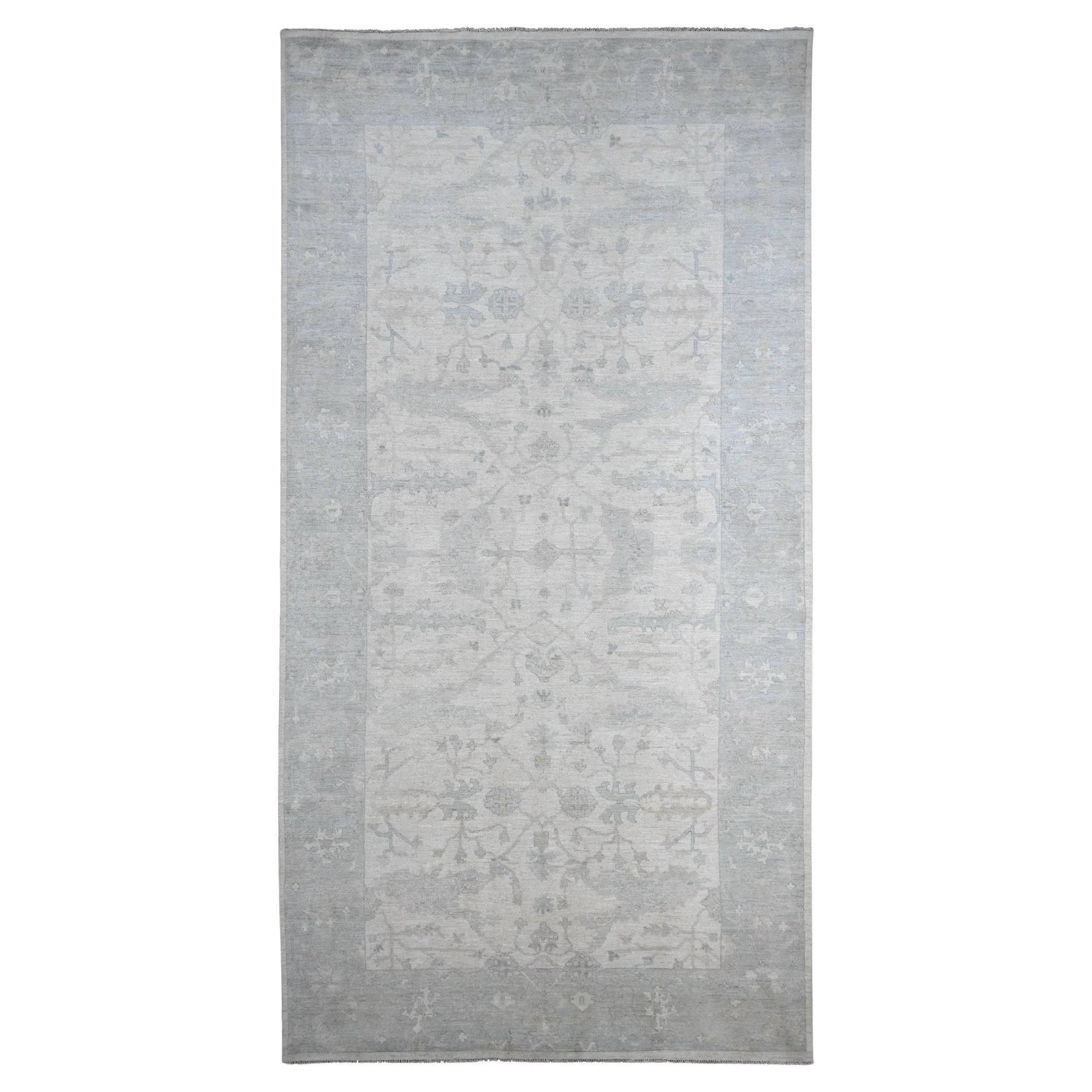 8'10"x17'4" White Afghan Angora Oushak Vines Design Hand Knotted Pure Wool Rug