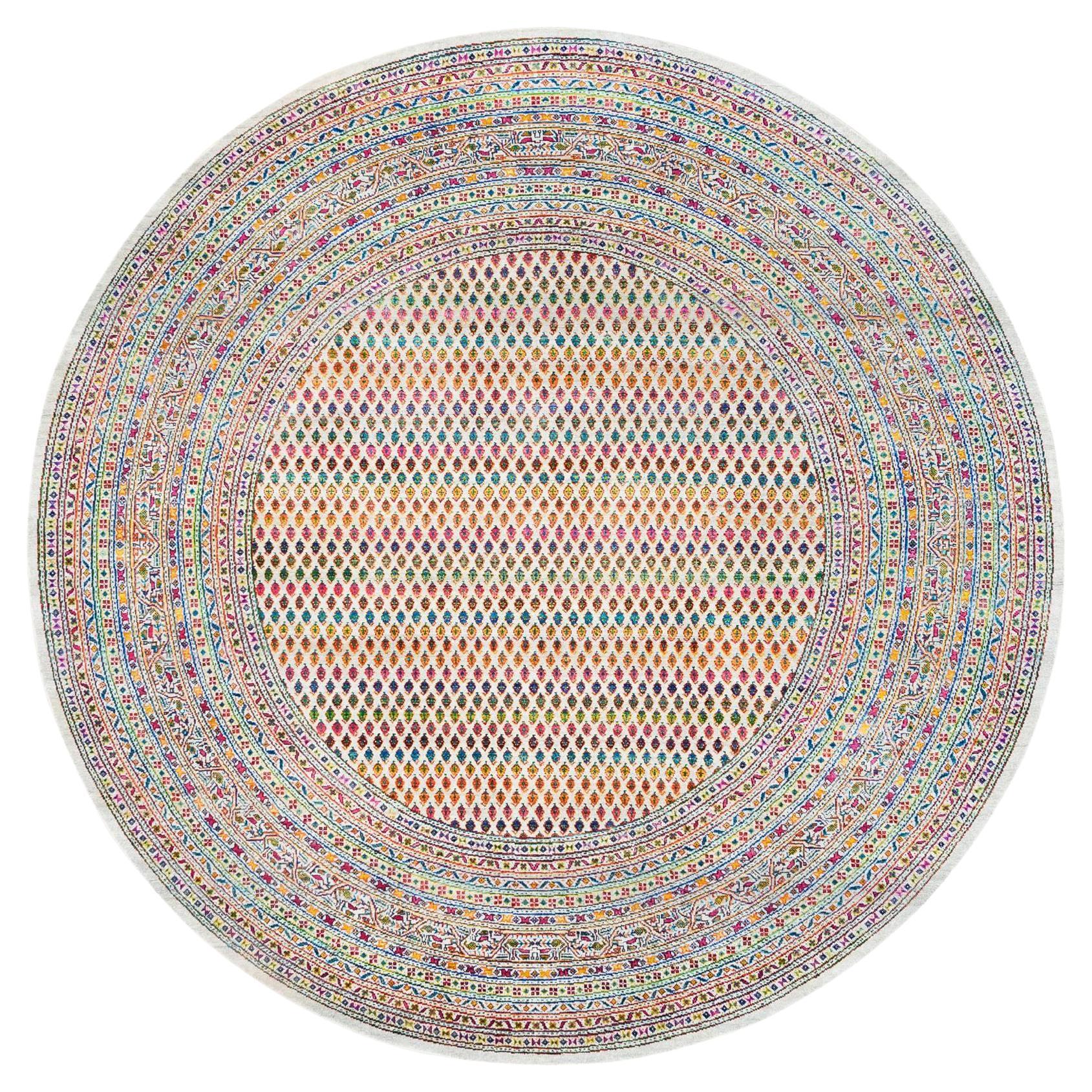 8'10"x8'10" Colorful Wool And Sari Silk Sarouk Mir Hand Knotted Oriental Rug For Sale
