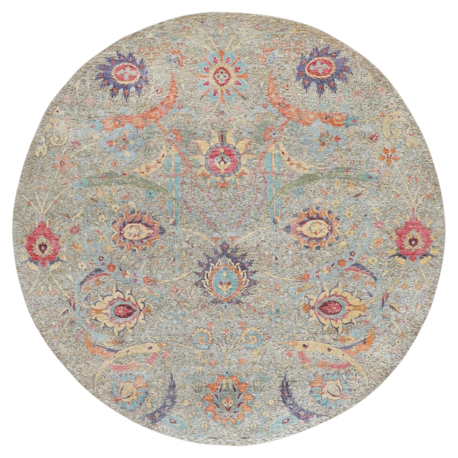 8'10"x8'10" Ivory Round Sickle Leaf Design Silk & Textured Wool Hand Knotted Rug