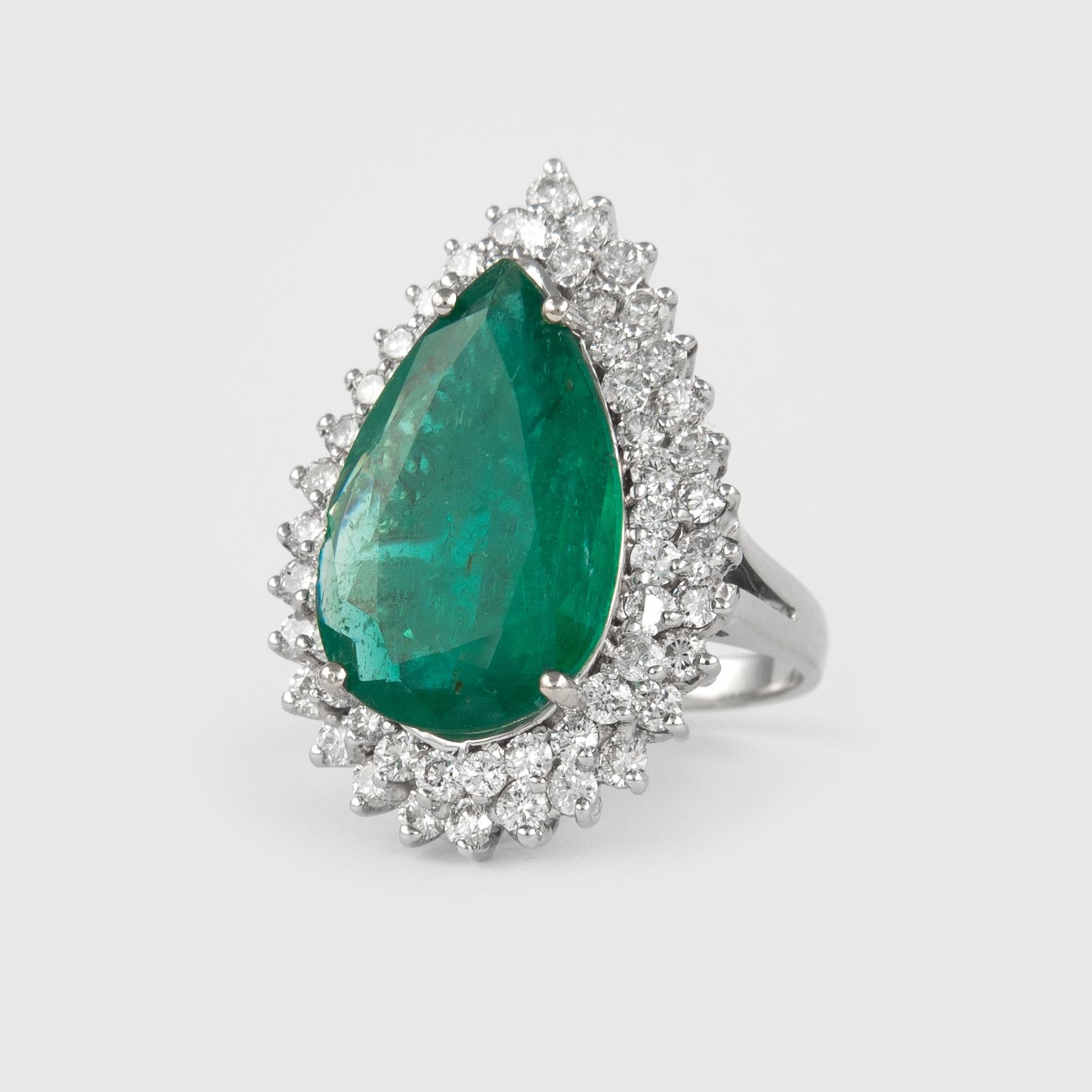 Contemporary 8.11 Carat Emerald with Double Diamond Halo Ring 18 Karat White Gold For Sale