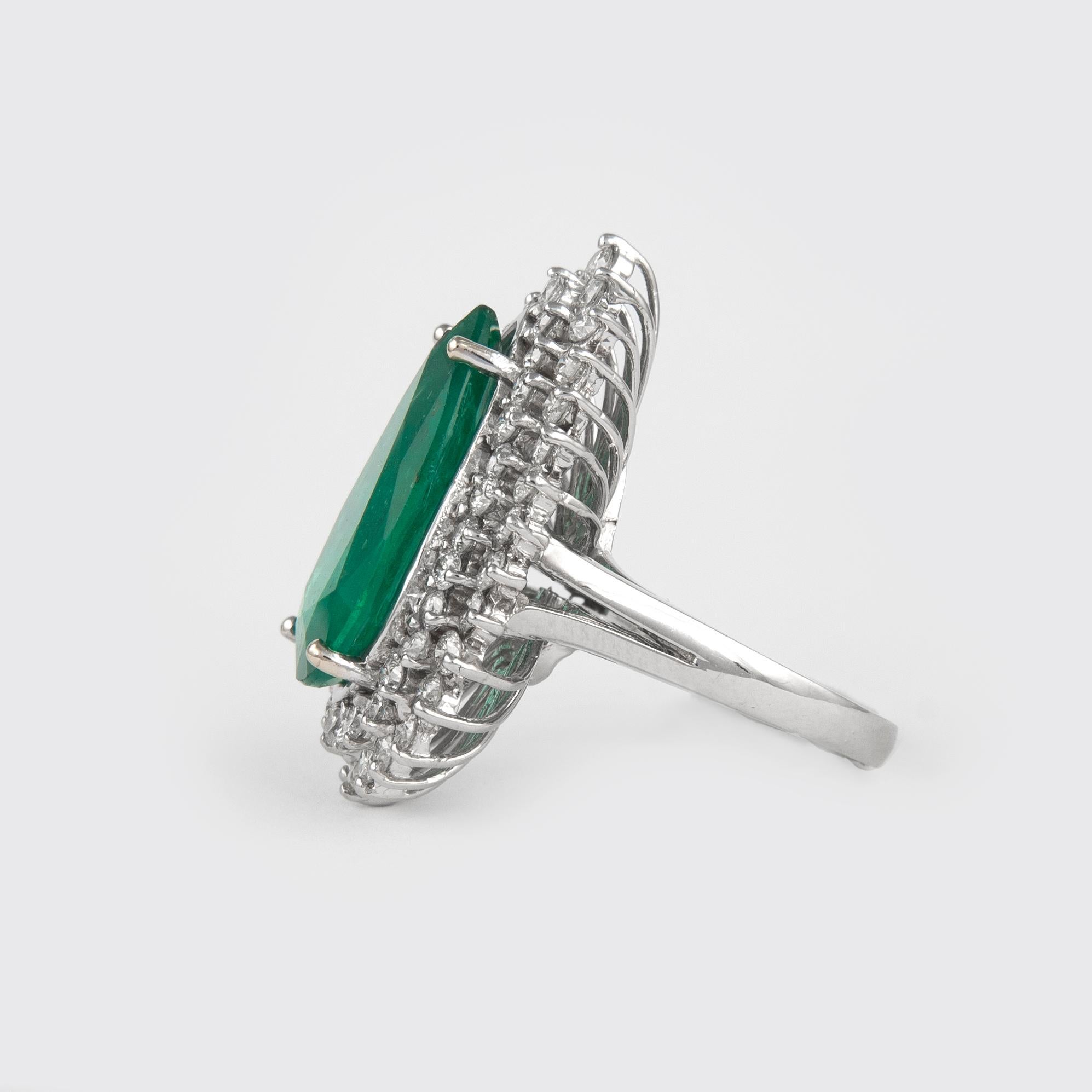 Pear Cut 8.11 Carat Emerald with Double Diamond Halo Ring 18 Karat White Gold For Sale