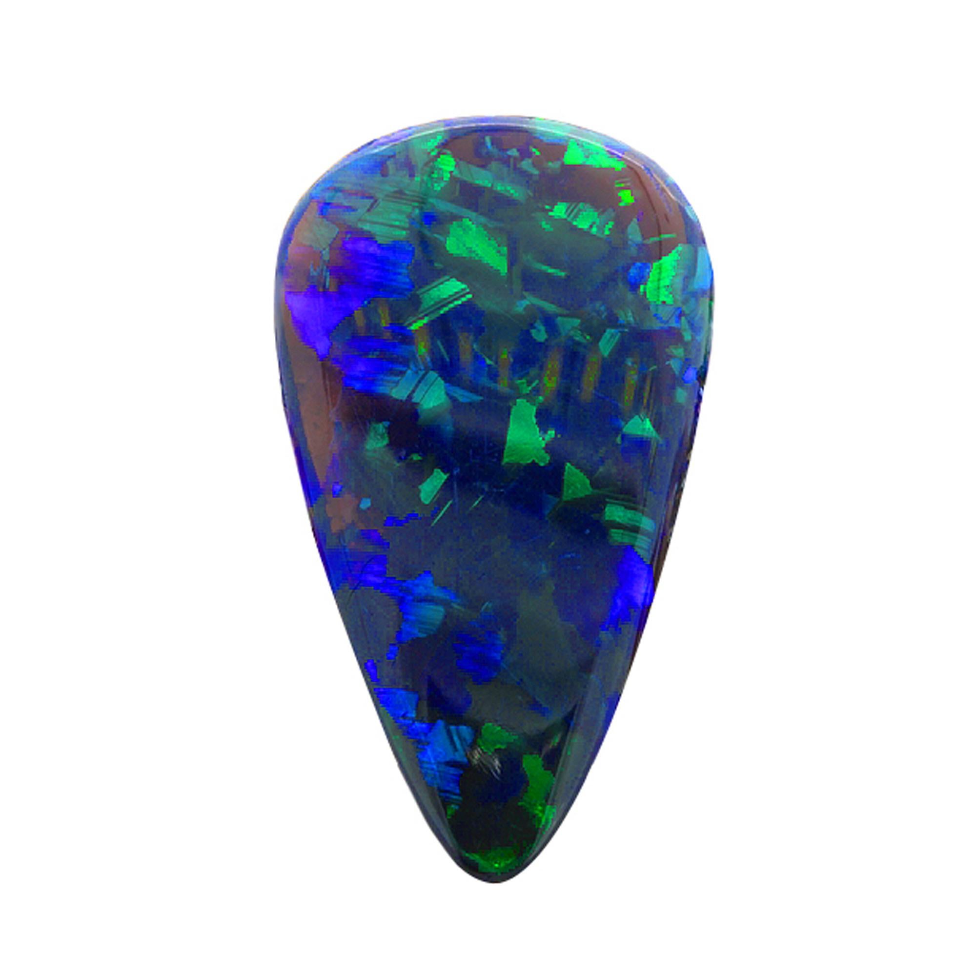 Cette superbe opale noire australienne en forme de poire présente un phénomène de jeu de couleurs bleu-vert vif dans un motif unique de paillettes et d'arlequins ! Cette pierre pèse 8,11ct et mesure 21,98x12,40x5,43mm. 