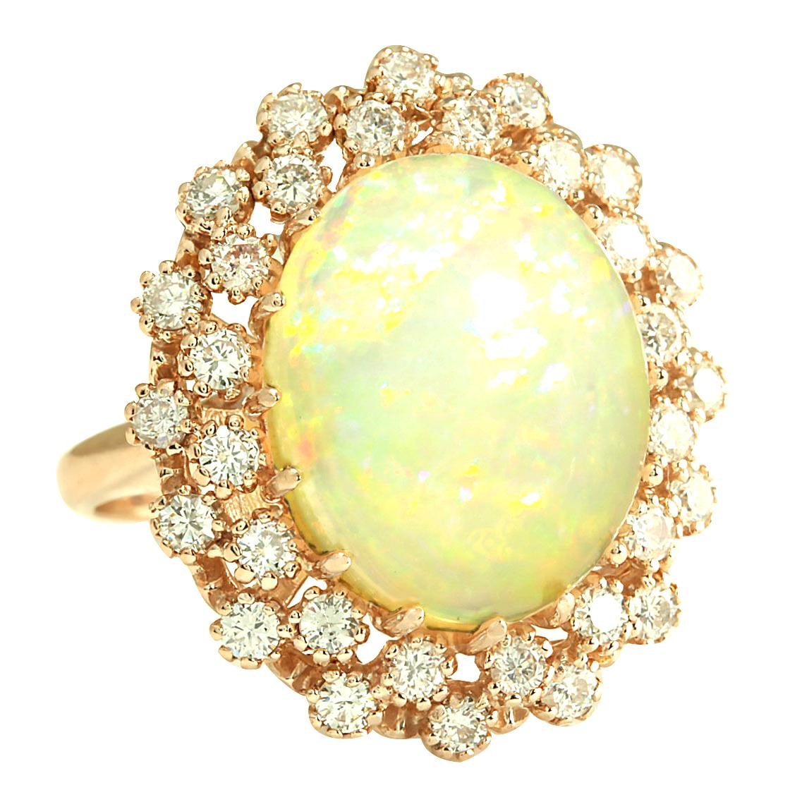 8,11 Karat Natürlicher Opal 14 Karat Rose Gold Diamant Ring
Gestempelt: 14K Rose Gold
Gesamtgewicht des Rings: 10,0 Gramm
Das Gesamtgewicht des natürlichen Opals beträgt 6,81 Karat (Maße: 16,00x14,00 mm)
Farbe: Multicolor
Gewicht der Diamanten: