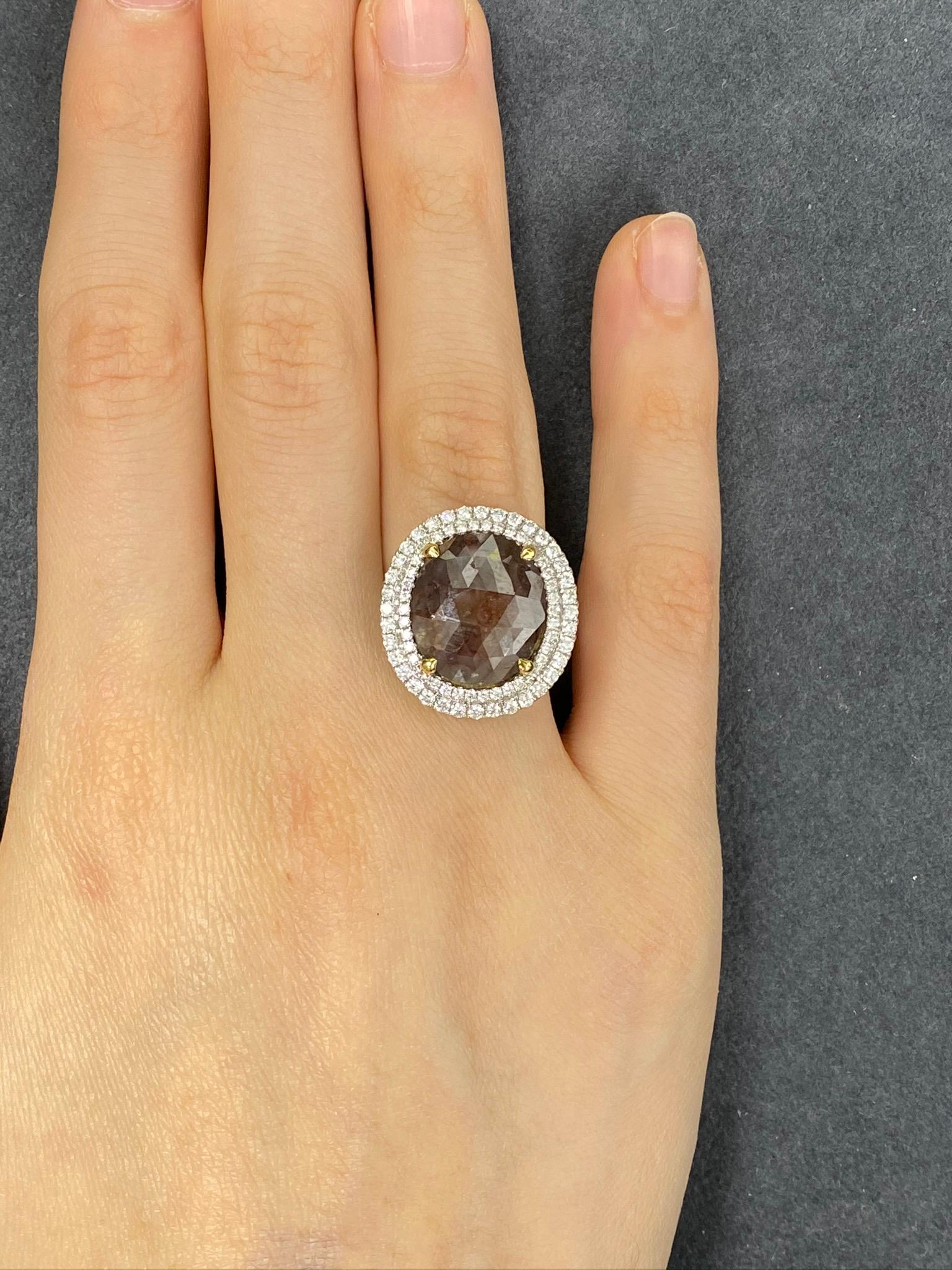 8.11 Carat Rose Cut Round Brown and White Diamond Cocktail Ring For Sale 4