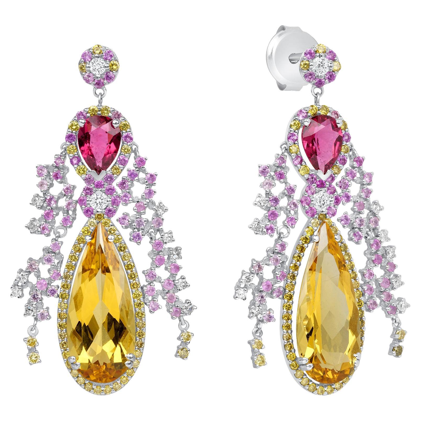8.11 Carat Rubellite, Yellow Beryl, Diamond, Sapphire and Gold Drop Earrings For Sale