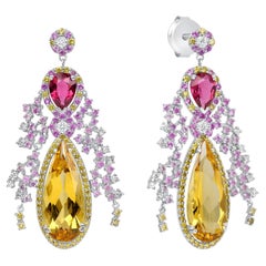 8.11 Carat Rubellite, Yellow Beryl, Diamond, Sapphire and Gold Drop Earrings