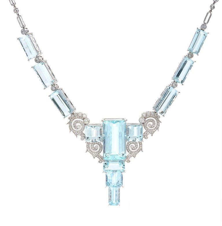 Women's 81.13 Carat Aquamarine Diamond Necklace 18 Carat White Gold Art Deco Style  For Sale