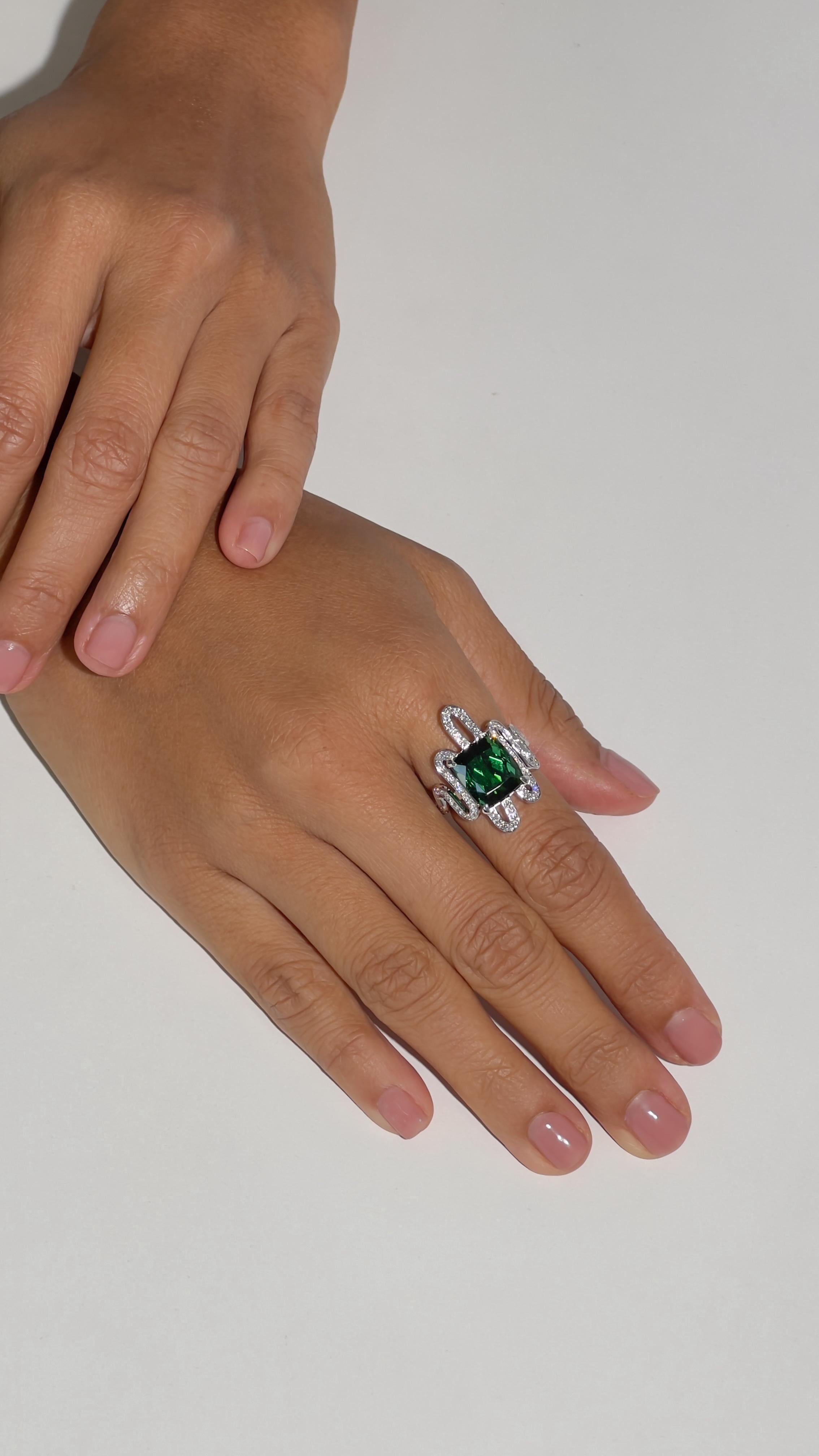 Crisscut 8.116 Carat Brazilian Green Tourmaline and Diamond Ring in 18k White Gold  For Sale