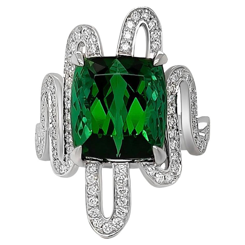 8.116 Carat Brazilian Green Tourmaline and Diamond Ring in 18k White Gold  For Sale