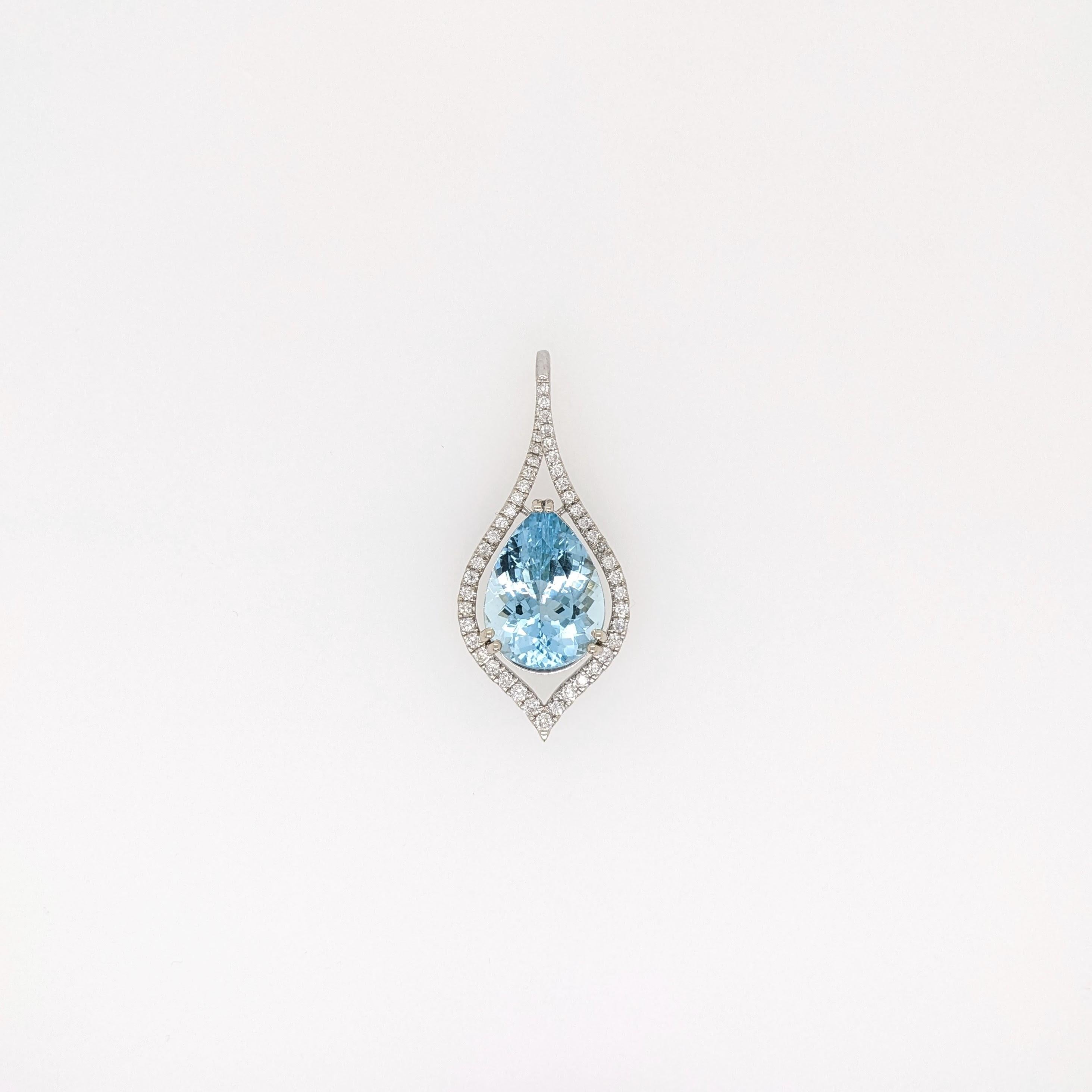 Santa Maria Aquamarines are rare and coveted gemstones. This gorgeous pendant showcases a large 8 carat pear cut aquamarine set in a diamond accented pendant in 14k white gold.

Specifications:

Item Type: Pendant
Center Stone: Santa Maria
