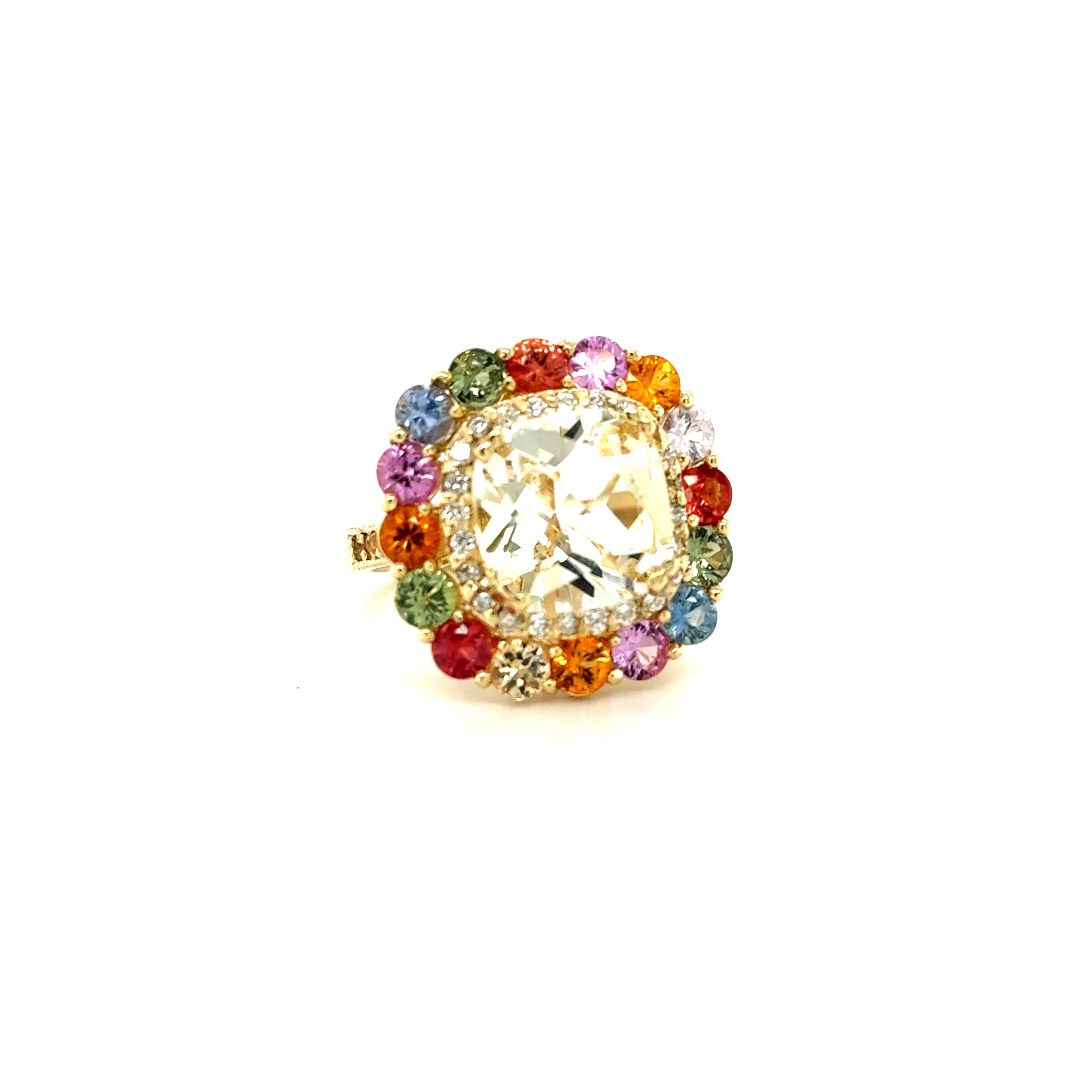 8.12 Carat Citrine Multi-Color Sapphire Diamond Yellow Gold Cocktail Ring

This gorgeous ring has a beautiful Cushion Cut Champagne Citrine Quartz weighing 4.63 Carats and is surrounded by 16 Multi-Color Sapphires weighing 2.96 Carats and 24 Round