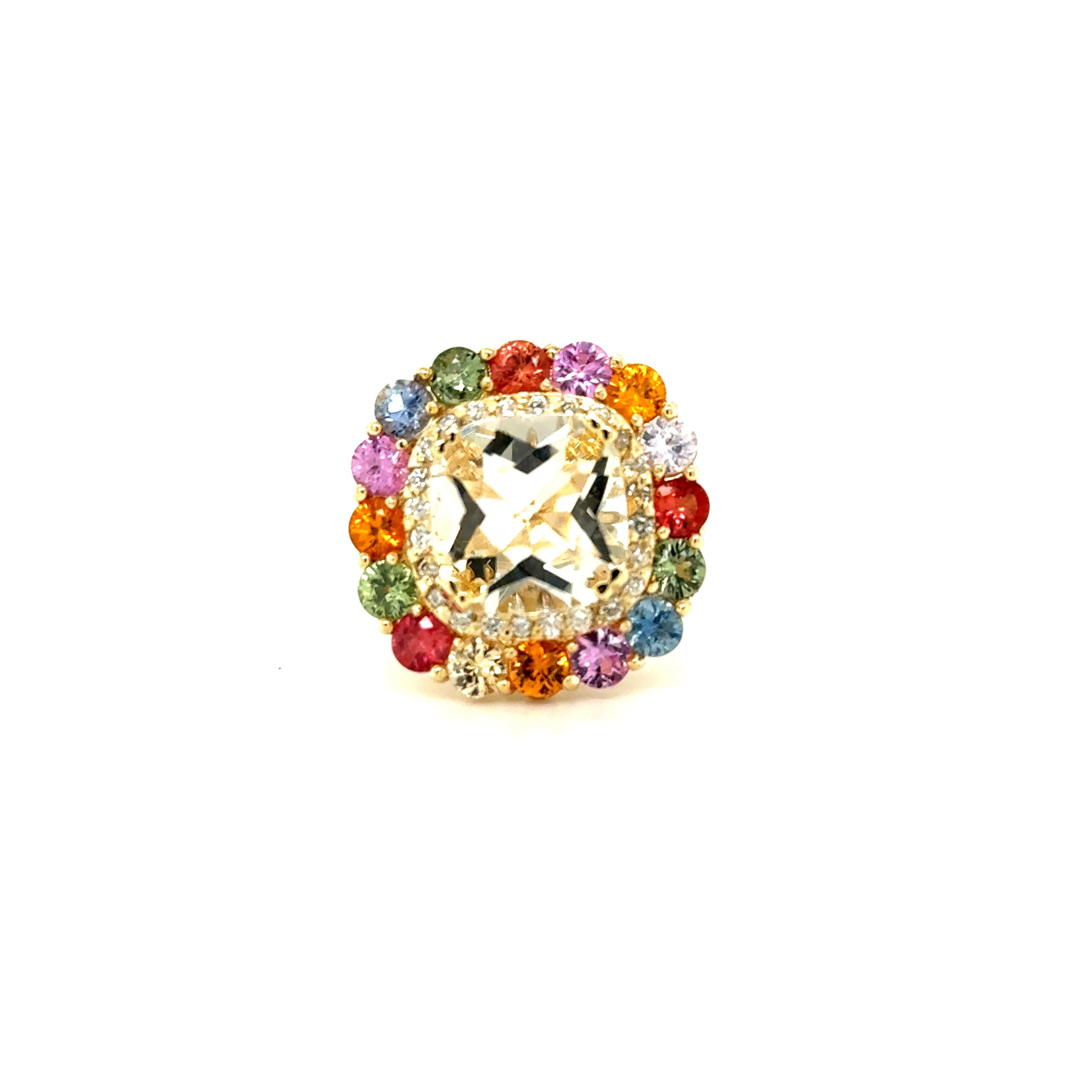 8,12 Karat Citrin Multi-Color Saphir Diamant Gelbgold Cocktail-Ring (Kissenschliff) im Angebot