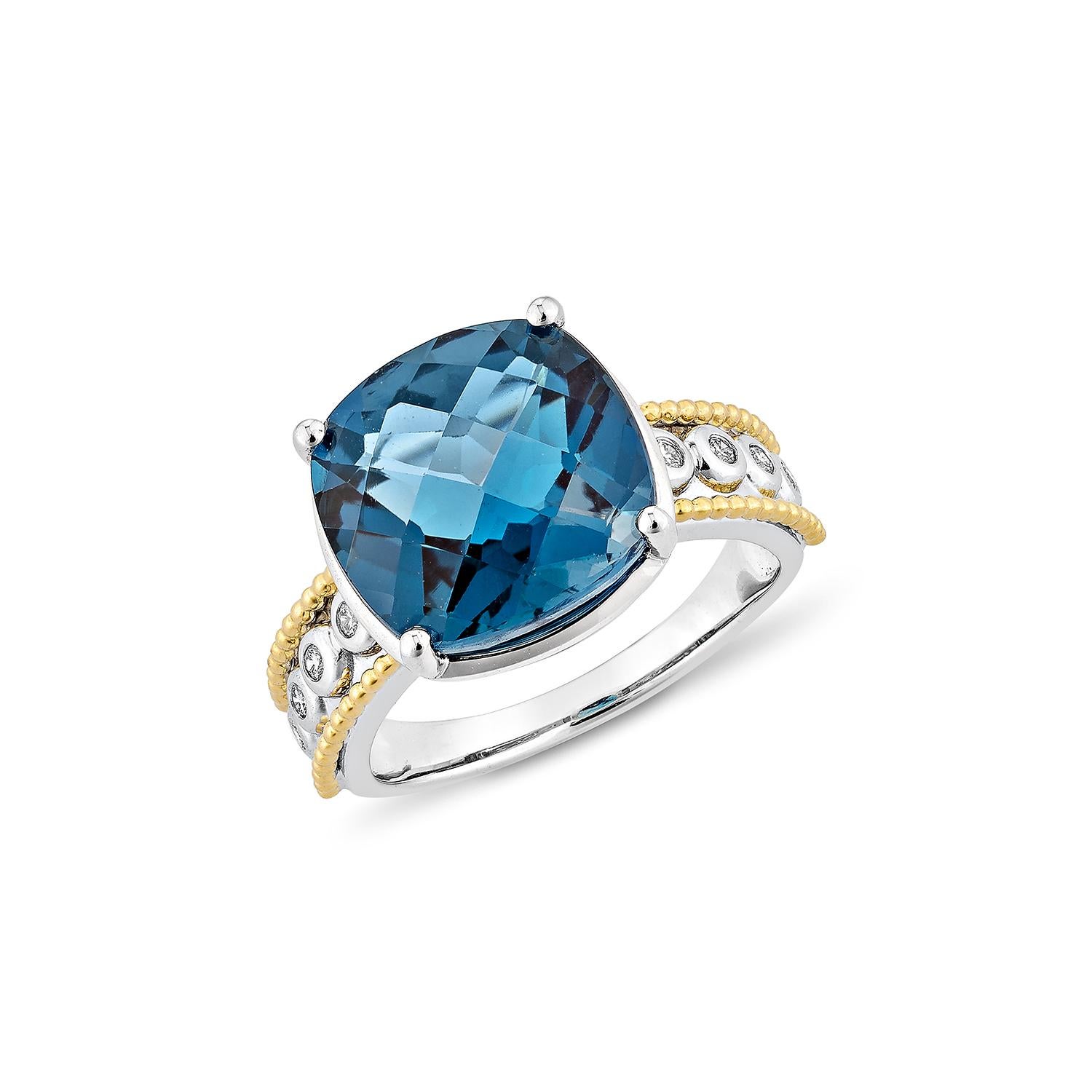 Contemporary 8.12 Carat London Blue Topaz Fancy Ring in 18KWYG with White Diamond. For Sale
