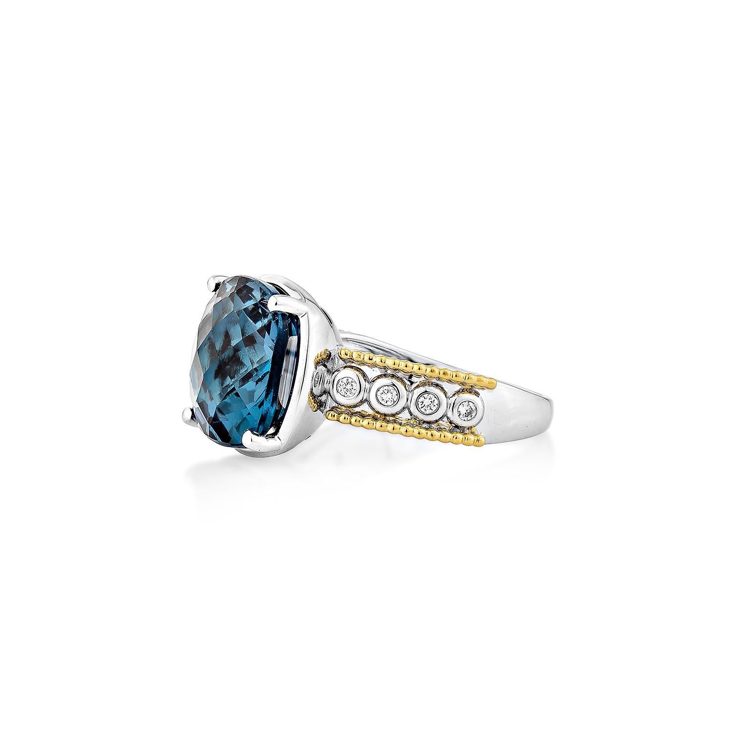 Cushion Cut 8.12 Carat London Blue Topaz Fancy Ring in 18KWYG with White Diamond. For Sale