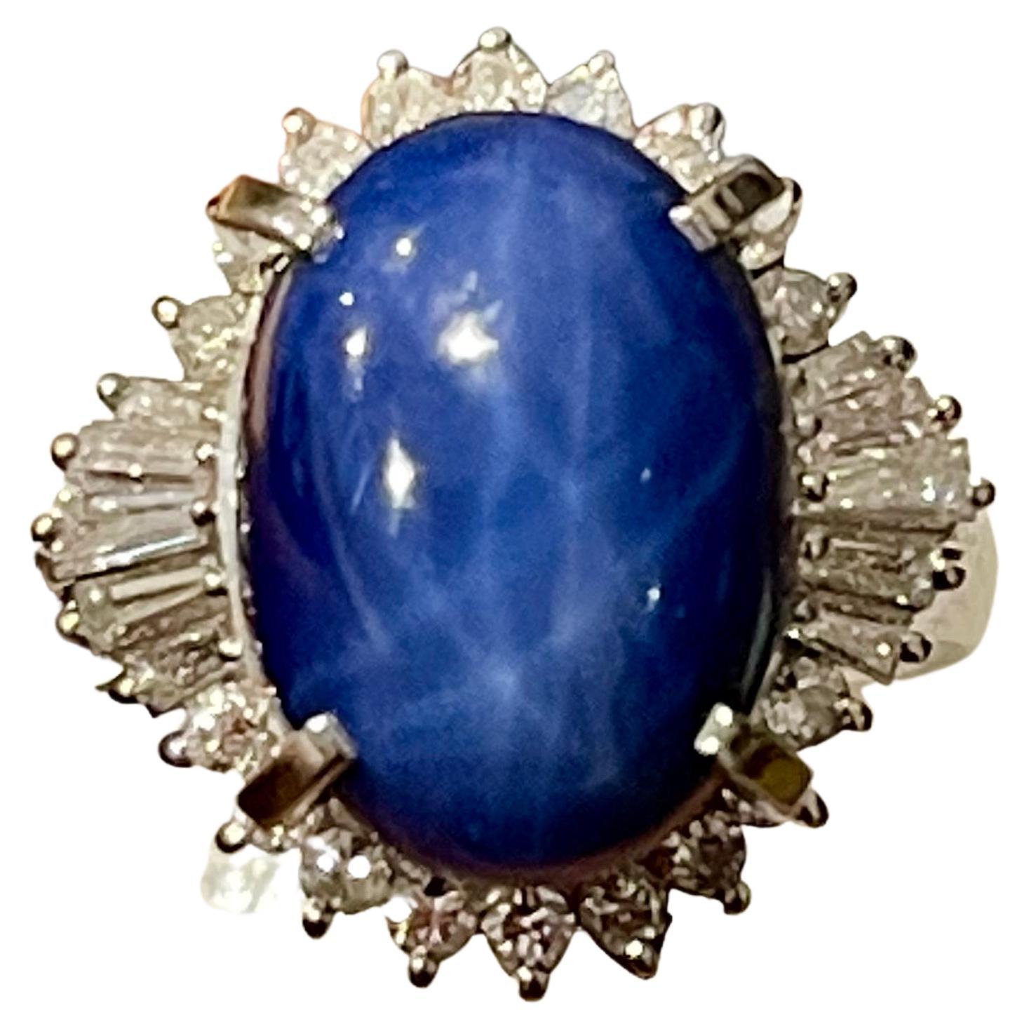 8.12 Ct Natural Star Sapphire Cabochon Ring in Platinum Size 6
Platinum 10.9 Grams
Sapphire Cabochon  size 10X15MM
Beautiful star on the sapphire.
Ring Size 6  ( it can be resized to any size for free of charge)
Brilliant cut diamonds and baguettes