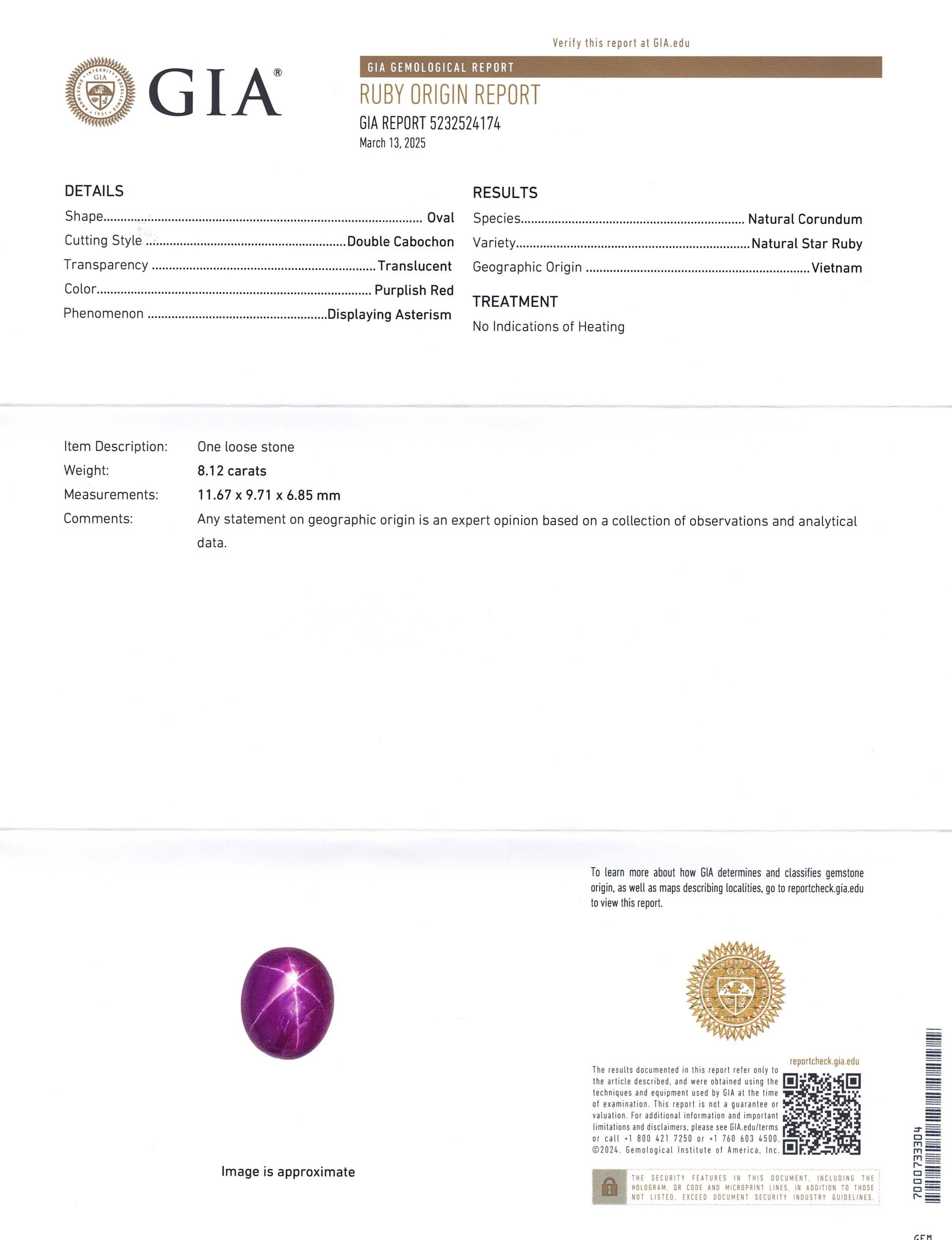 Rubí estrella rojo violáceo ovalado de 8,12 ct Certificado GIA Vietnam sin calentar en Nuevo estado para la venta en Toronto, Ontario