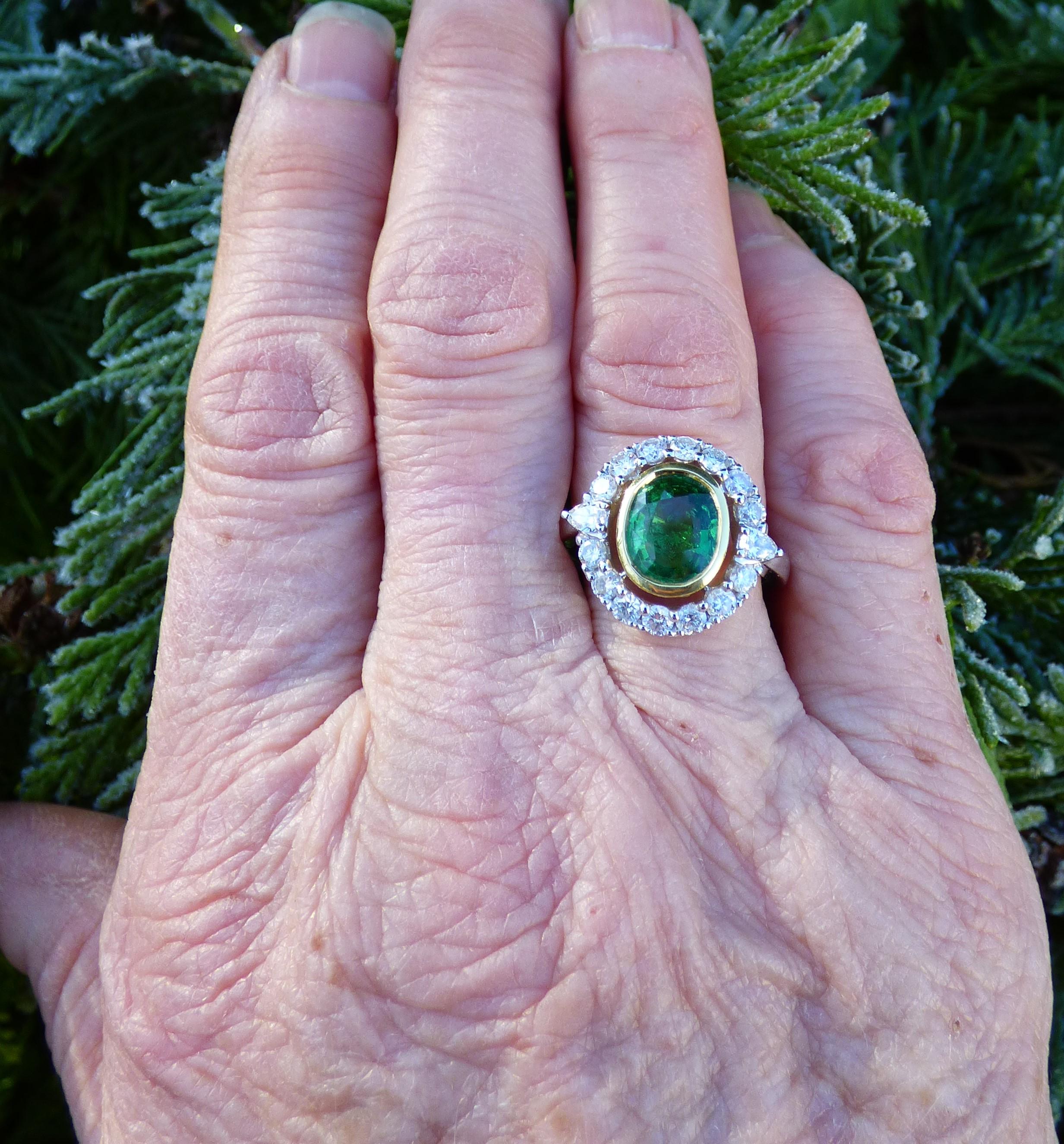 8.12ct Oval Tsavorite Garnet and Diamond Cluster Ring in 18K Gold For Sale 3