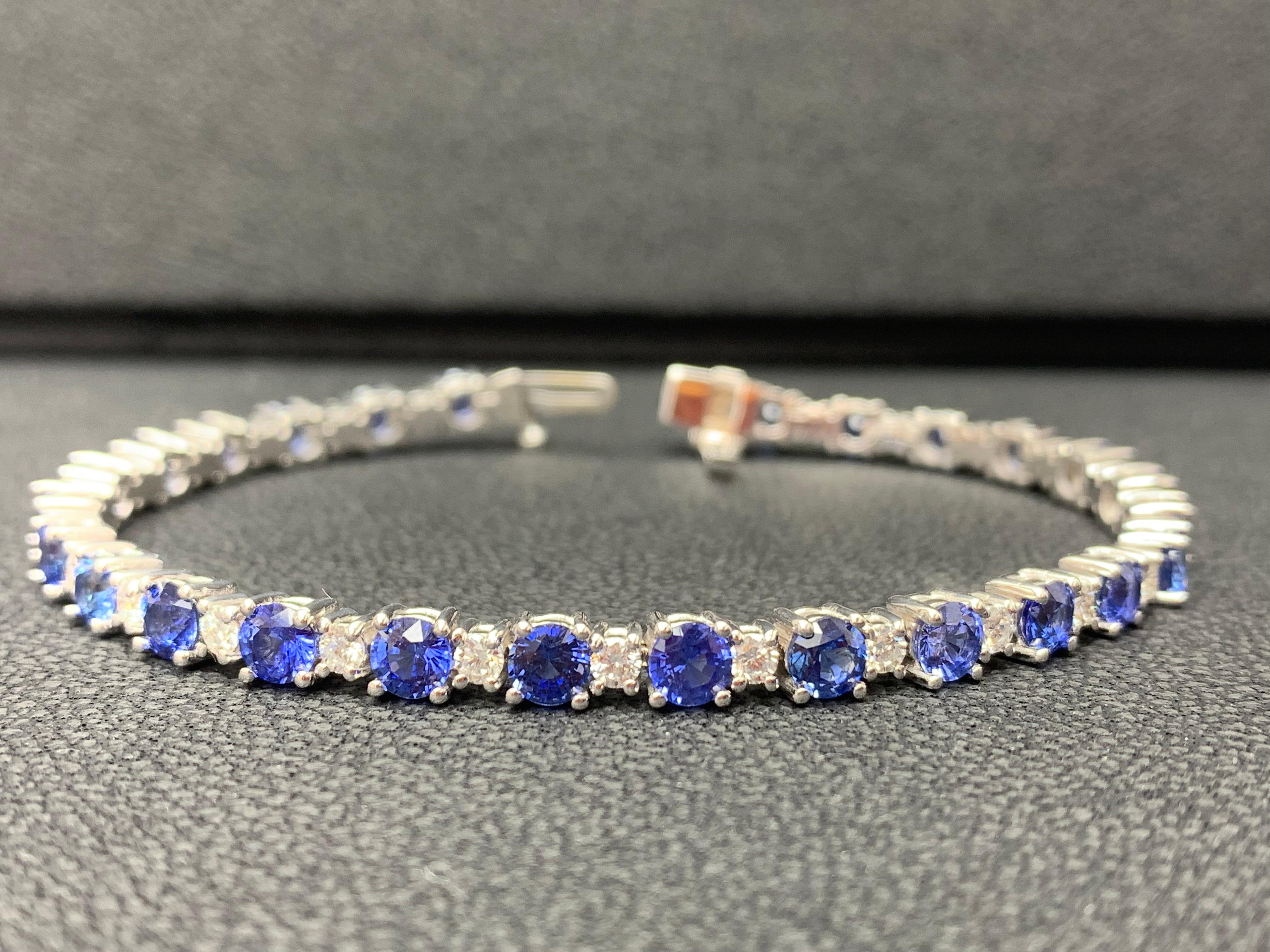 Contemporary 8.13 Carat Blue Sapphire and Diamond Tennis Bracelet in 14K White Gold For Sale