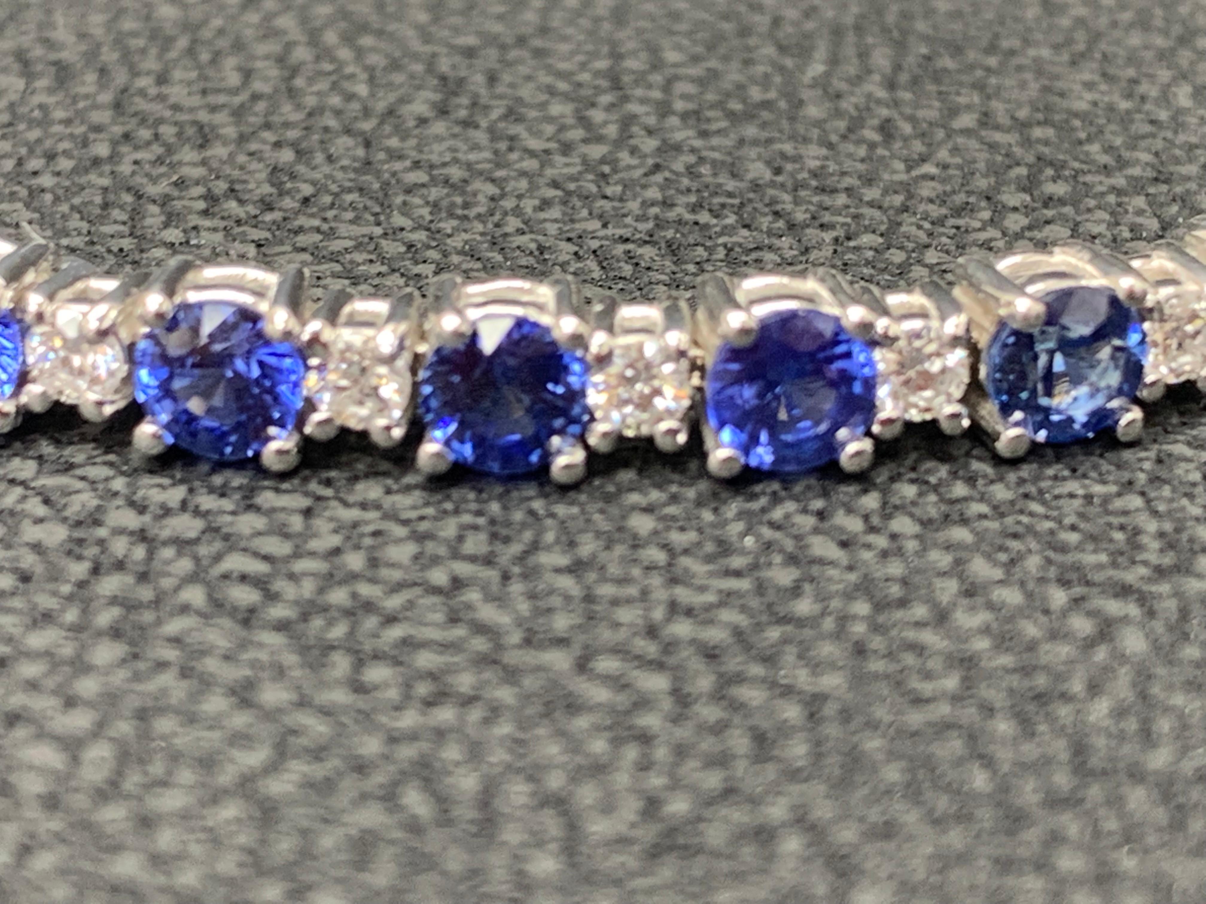 Women's 8.13 Carat Blue Sapphire and Diamond Tennis Bracelet in 14K White Gold For Sale