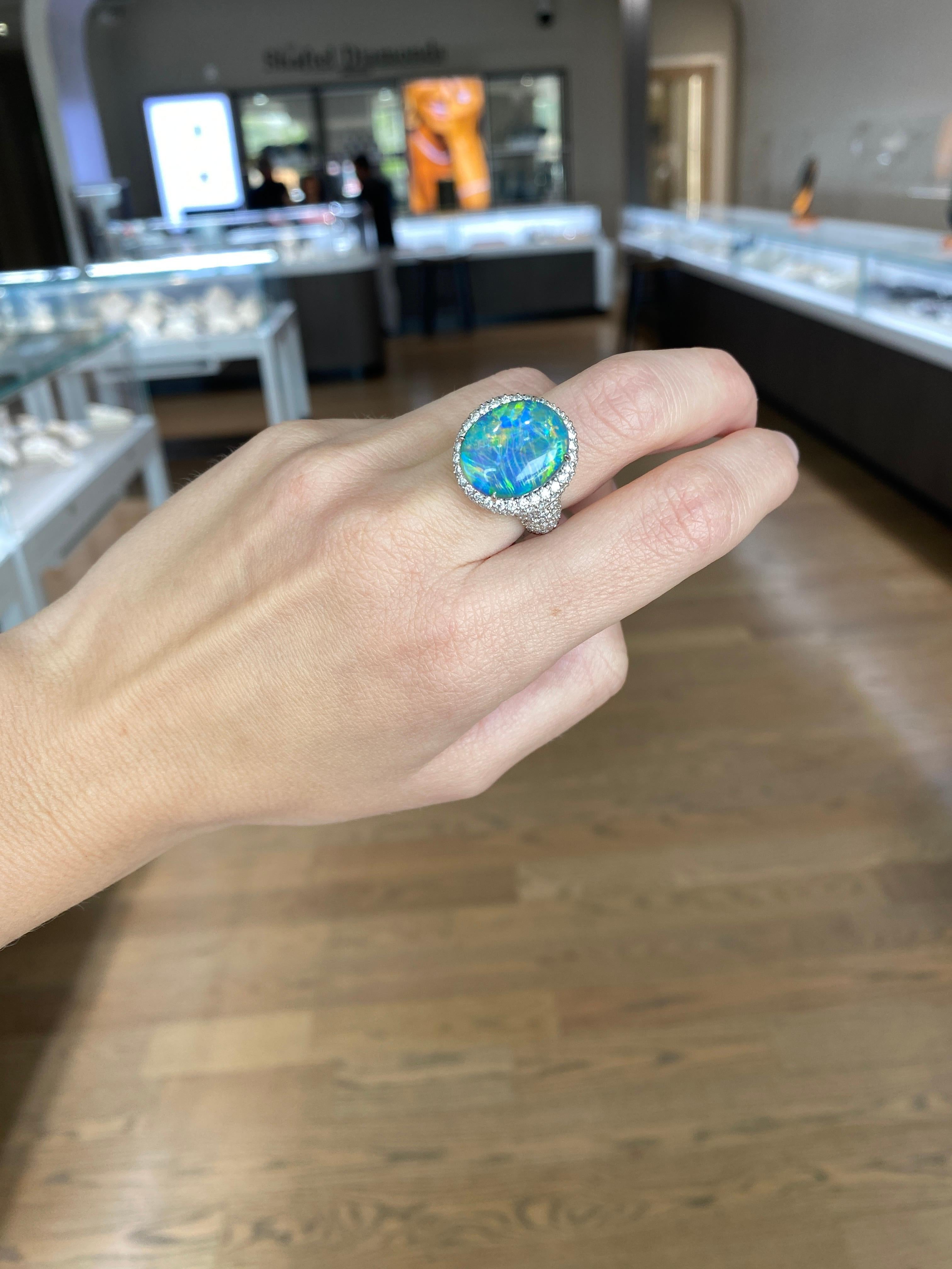 8.13 Carat Oval Cut Double Cabochon Lightning Ridge Opal & Diamond Cocktail Ring For Sale 6