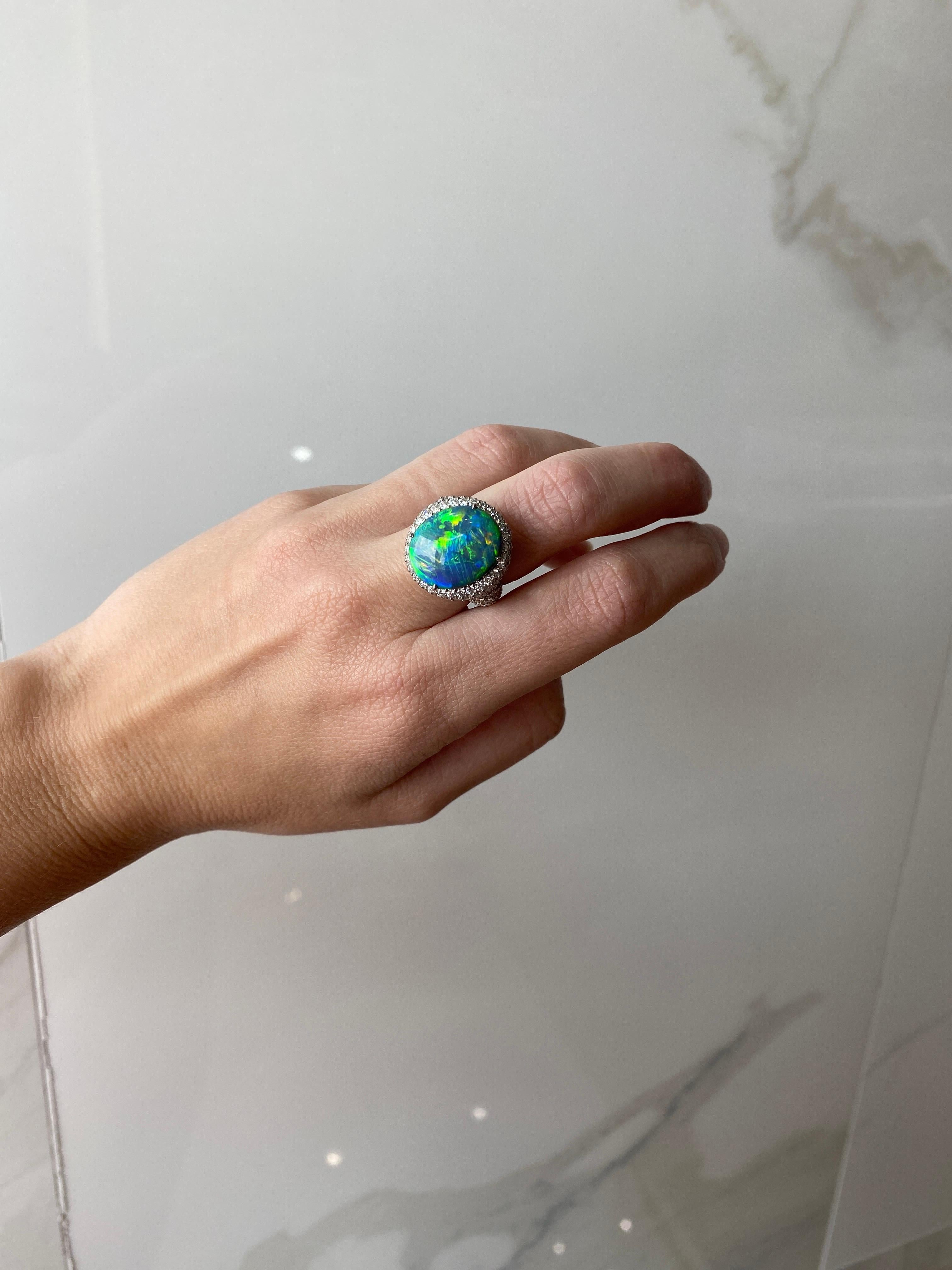8.13 Carat Oval Cut Double Cabochon Lightning Ridge Opal & Diamond Cocktail Ring For Sale 8
