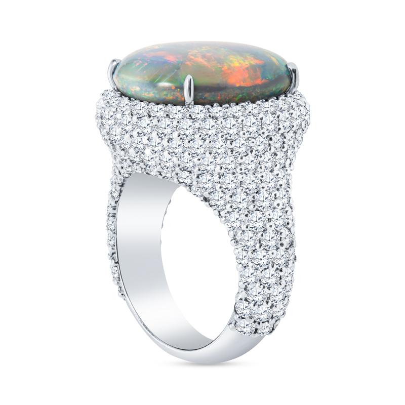 8.13 Carat Oval Cut Double Cabochon Lightning Ridge Opal & Diamond Cocktail Ring In New Condition For Sale In Houston, TX