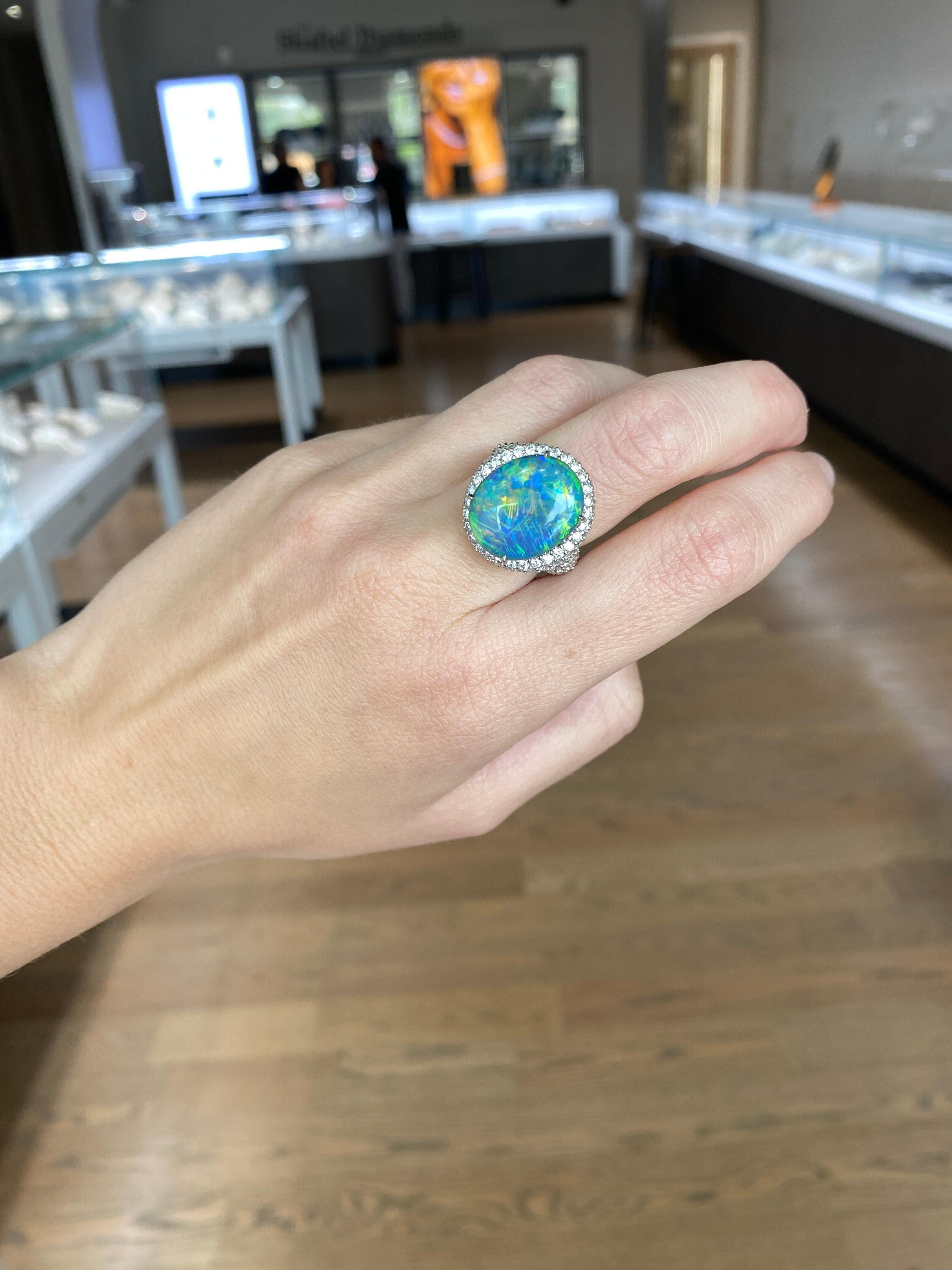 8.13 Carat Oval Cut Double Cabochon Lightning Ridge Opal & Diamond Cocktail Ring For Sale 3