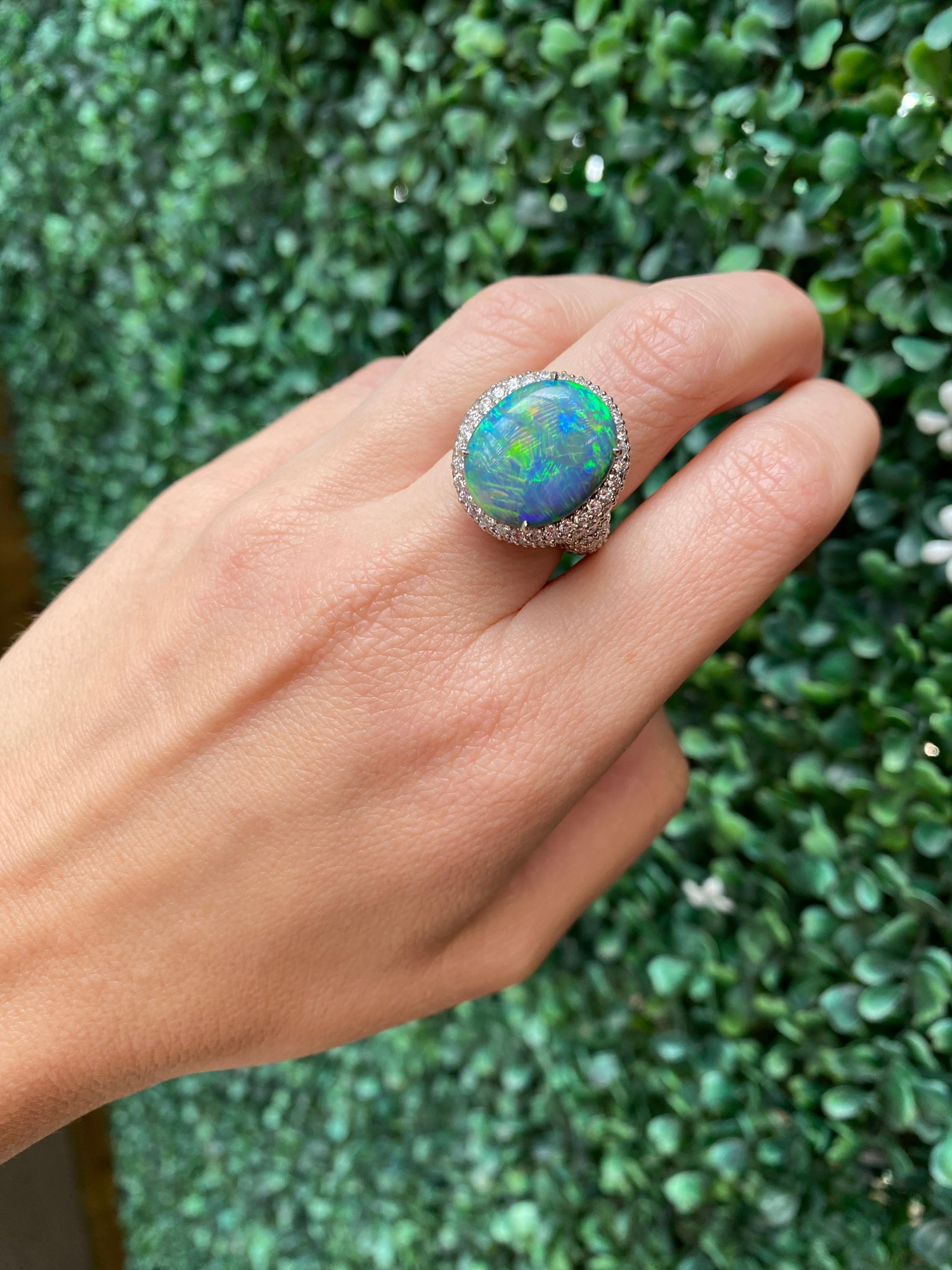8.13 Carat Oval Cut Double Cabochon Lightning Ridge Opal & Diamond Cocktail Ring For Sale 4