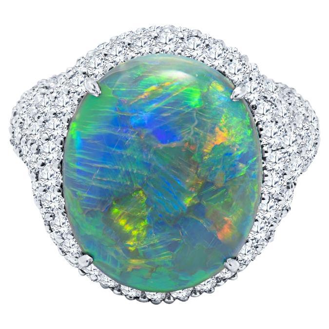 8.13 Carat Oval Cut Double Cabochon Lightning Ridge Opal & Diamond Cocktail Ring