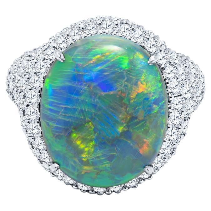 8.13 Carat Oval Cut Double Cabochon Lightning Ridge Opal & Diamond Cocktail Ring