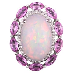8.13 carats Ethiopian Opal, Pink Sapphires 
Diamonds Cocktail Ring