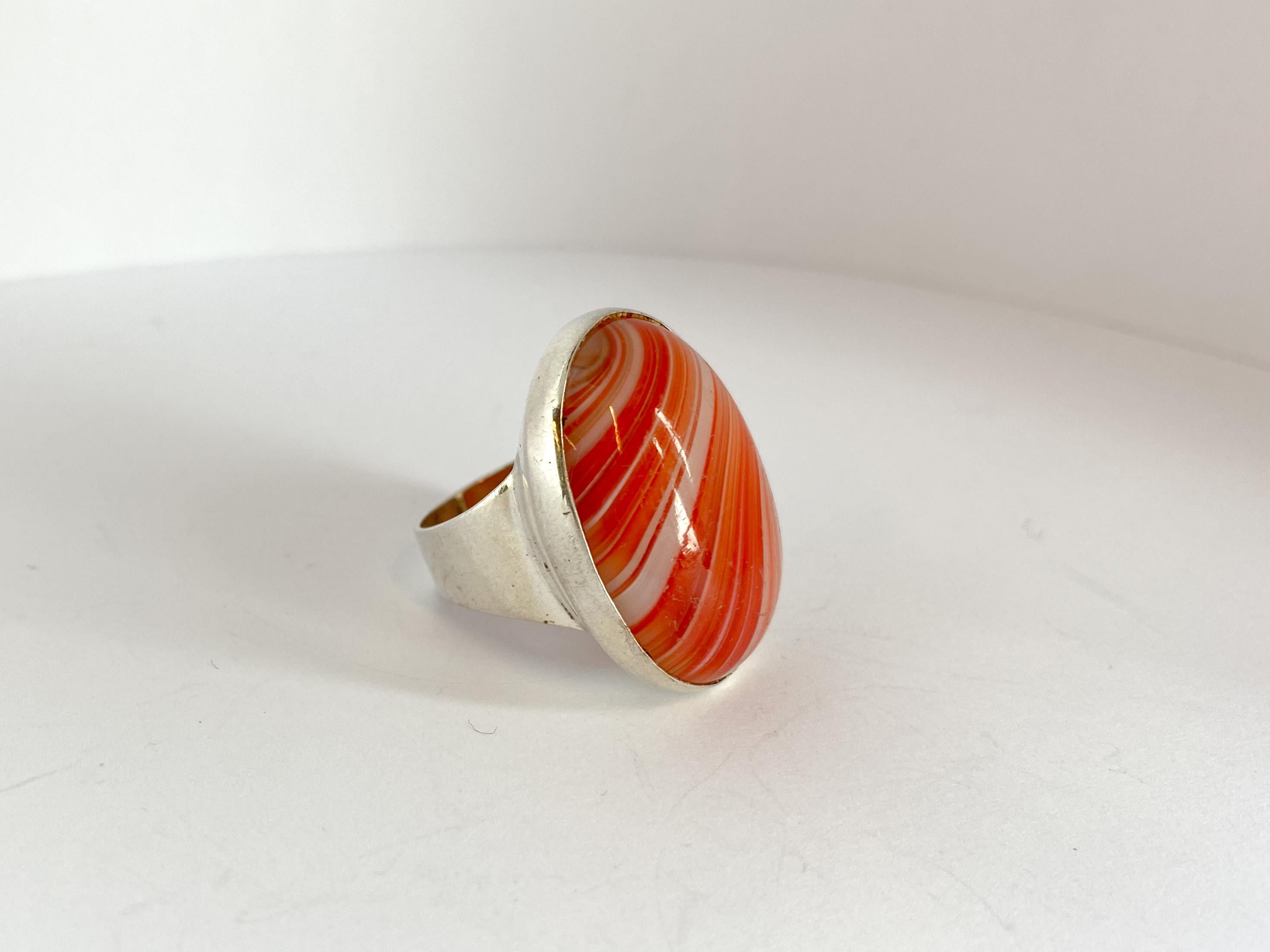 Round Cut 813 Silver Ring Finland 1962 Agate Very Beautiful, Unique Stone For Sale