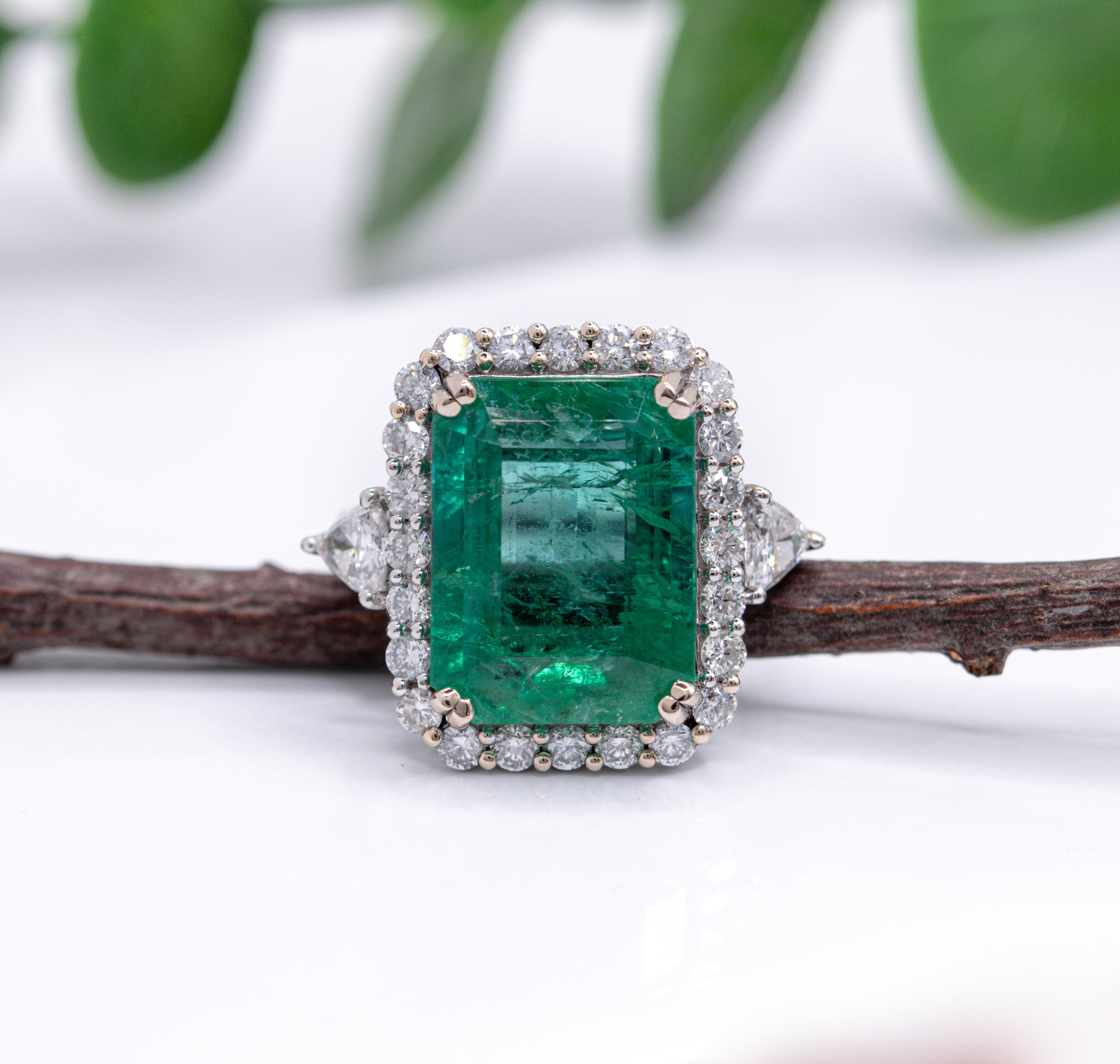 Modernist 8.13ct Emerald Ring w Diamond Halo in Solid 14K White Gold Emerald Cut 15x12mm