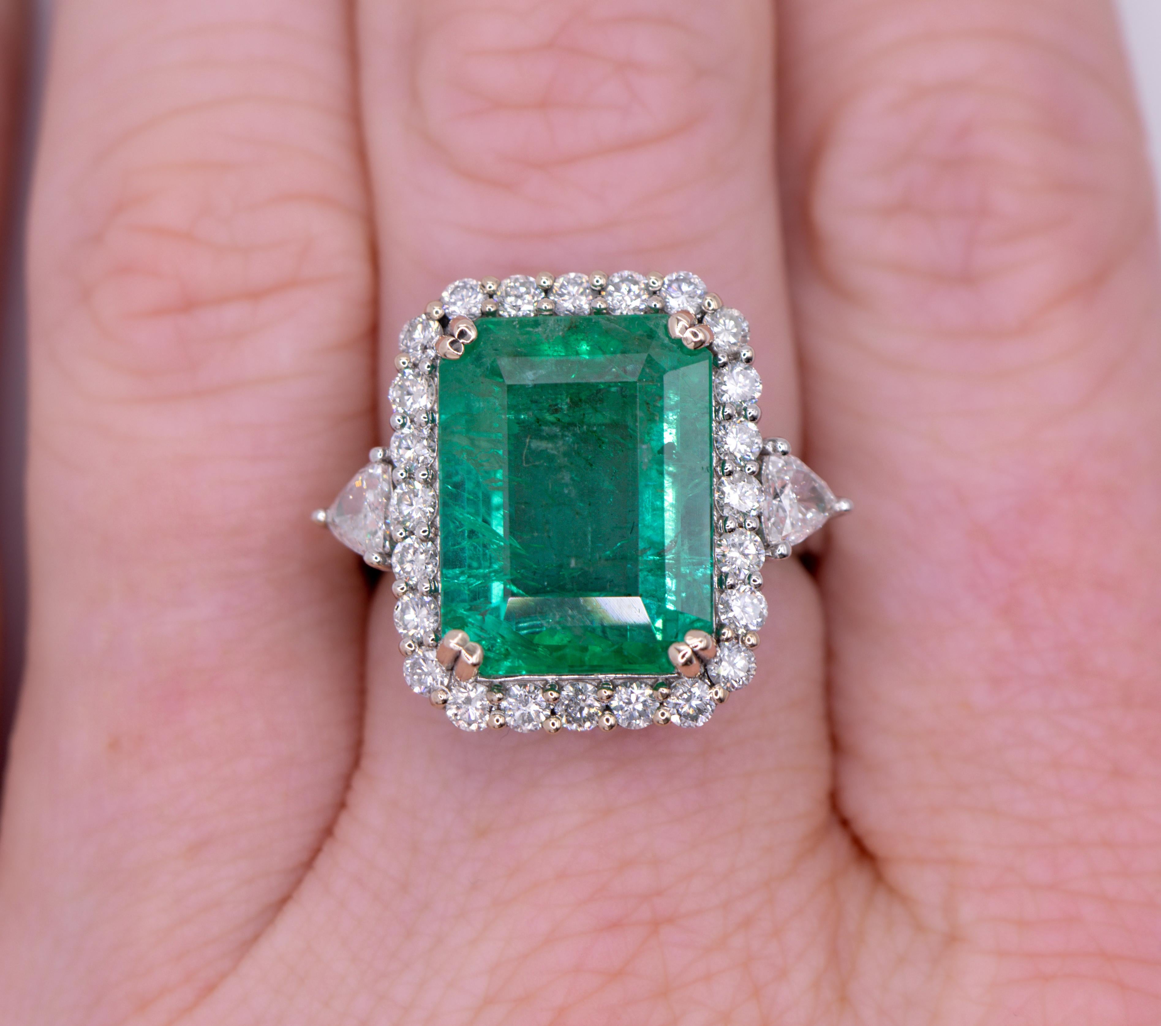 8.13ct Emerald Ring w Diamond Halo in Solid 14K White Gold Emerald Cut 15x12mm 1