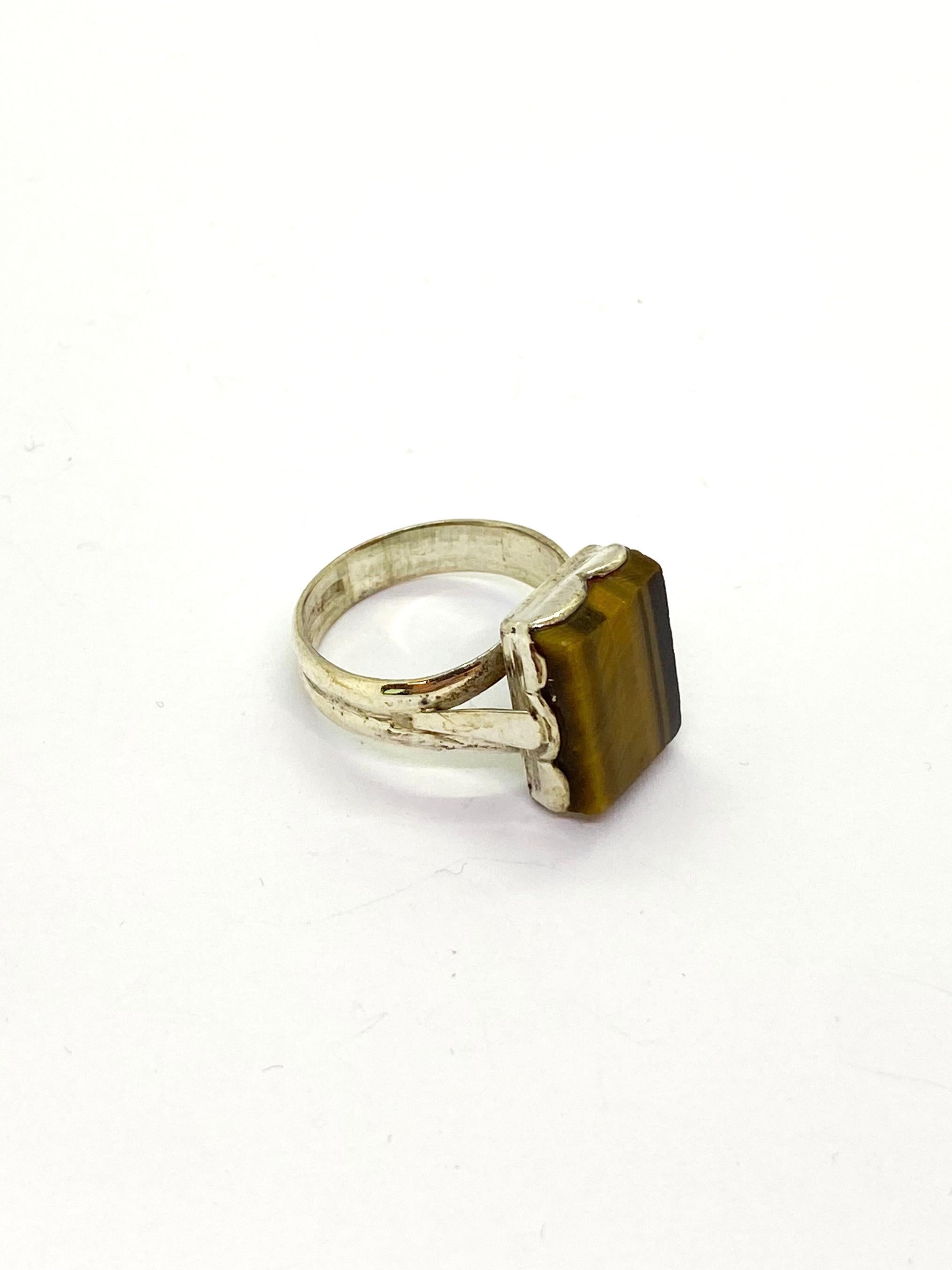 813H Silver Ring, Finland, Tiger Eye Stone, 1968 In Good Condition For Sale In Orimattila, FI