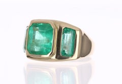8.bague 14K à trois pierres:: émeraude colombienne:: taille émeraude:: 13tcw:: avec chaton