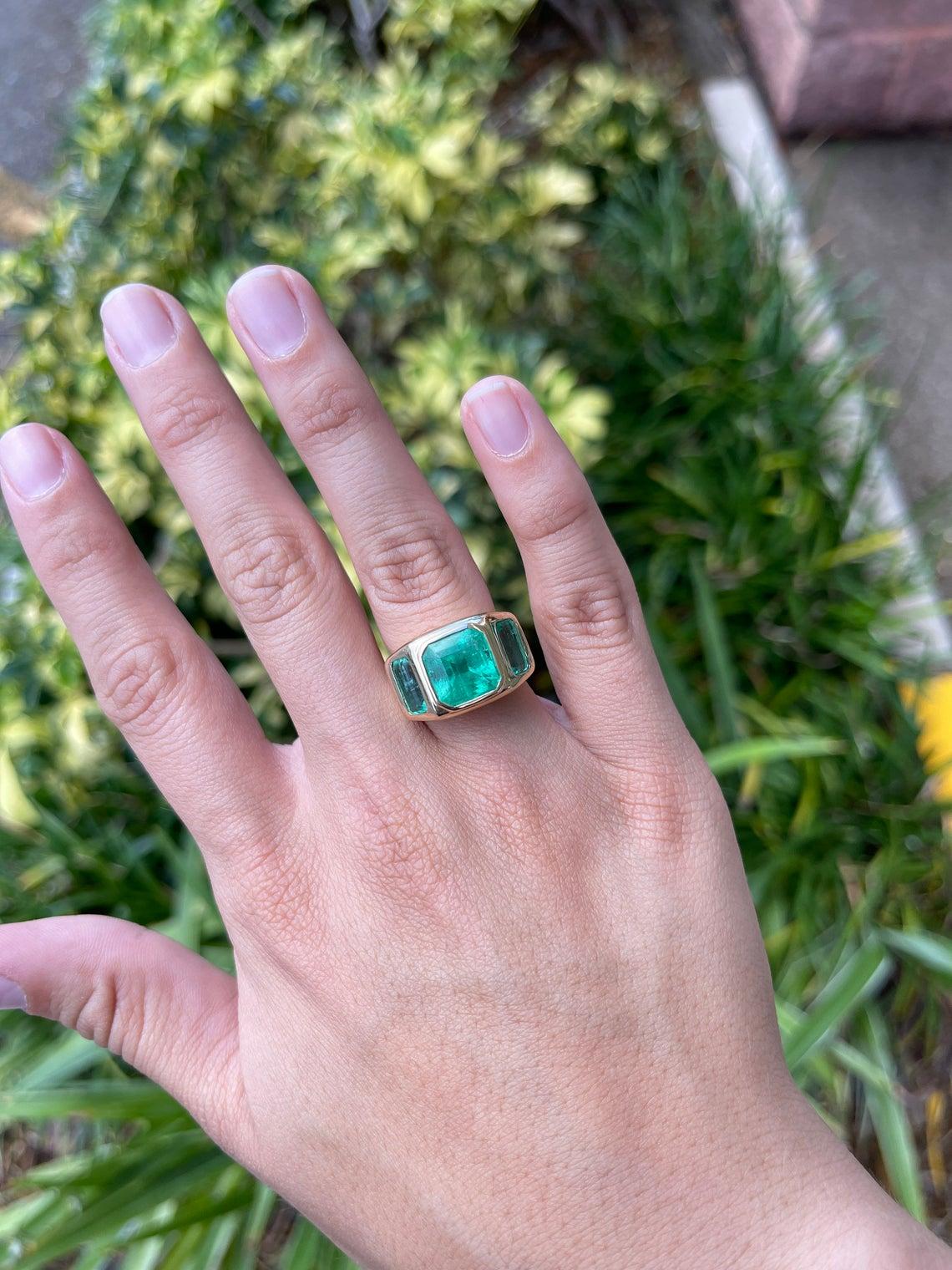 Women's or Men's 8.13tcw 14K Gypsy Three Stone Colombian Emerald, Emerald Cut Bezel Set Ring