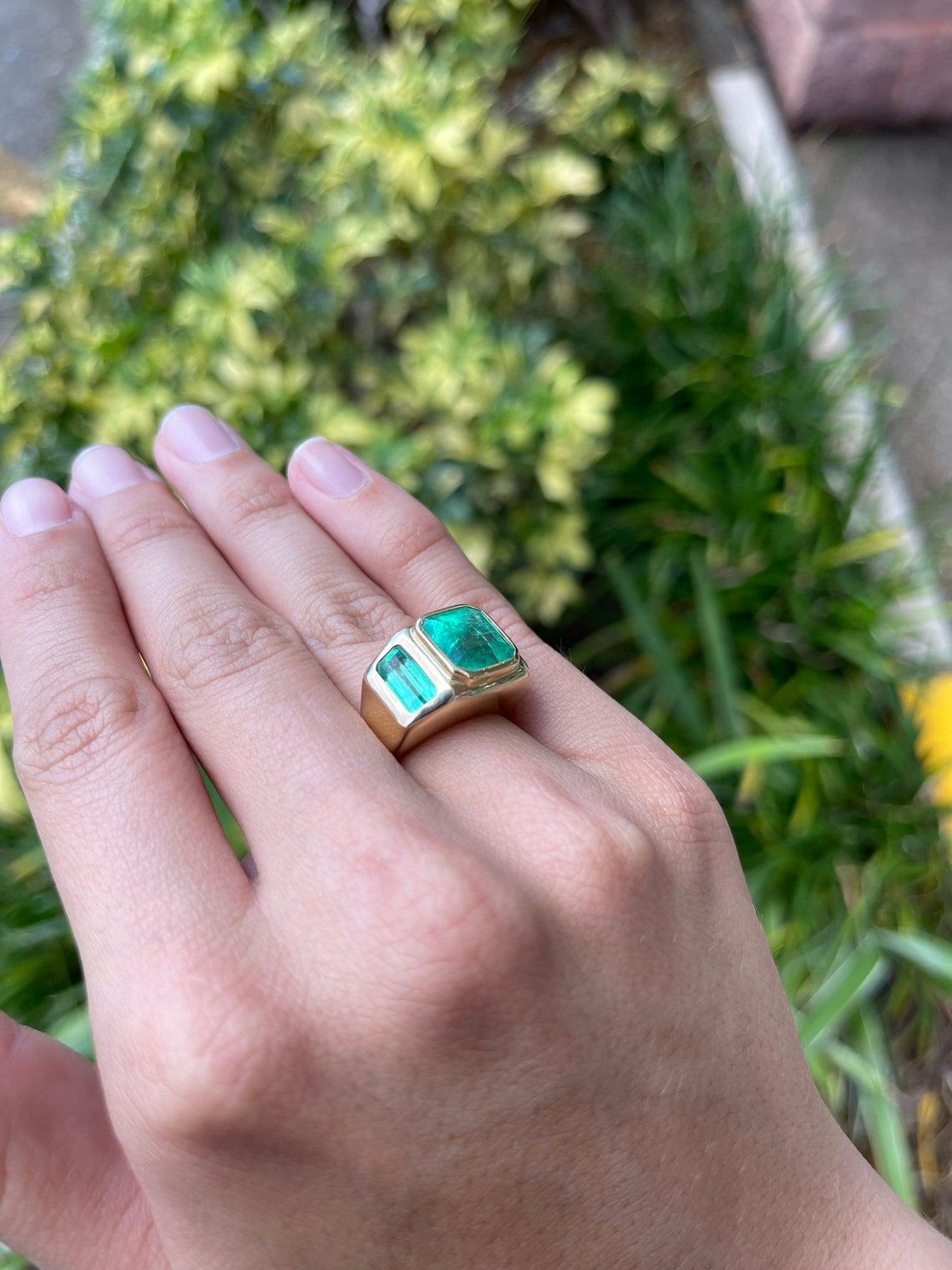8.13tcw 14K Gypsy Three Stone Colombian Emerald, Emerald Cut Bezel Set Ring 2