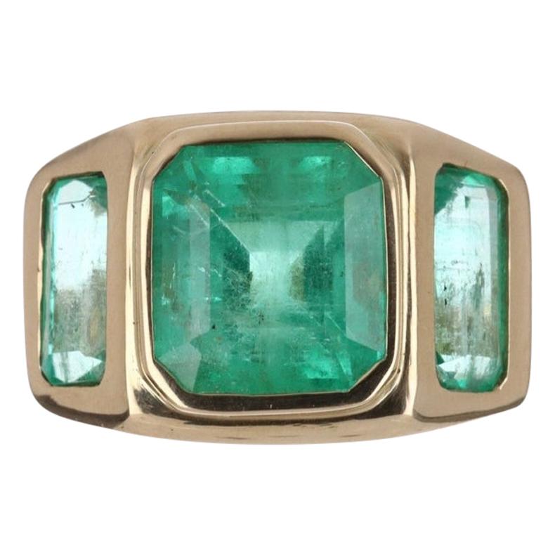 8.13tcw 14K Gypsy Three Stone Colombian Emerald, Emerald Cut Bezel Set Ring