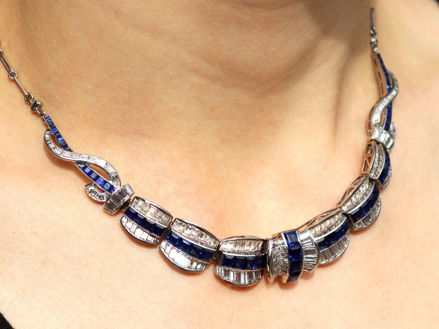 8.14 Carat Basaltic Sapphire 11.79 Carat Diamond Platinum Necklace Circa 1945 For Sale 10