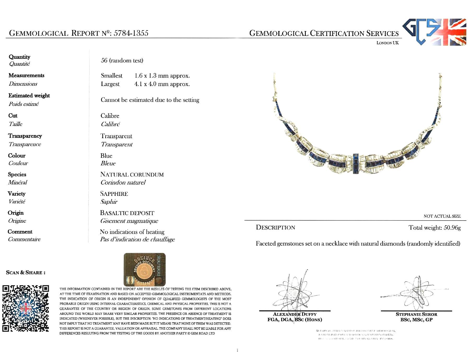 8.14 Carat Basaltic Sapphire 11.79 Carat Diamond Platinum Necklace Circa 1945 For Sale 12