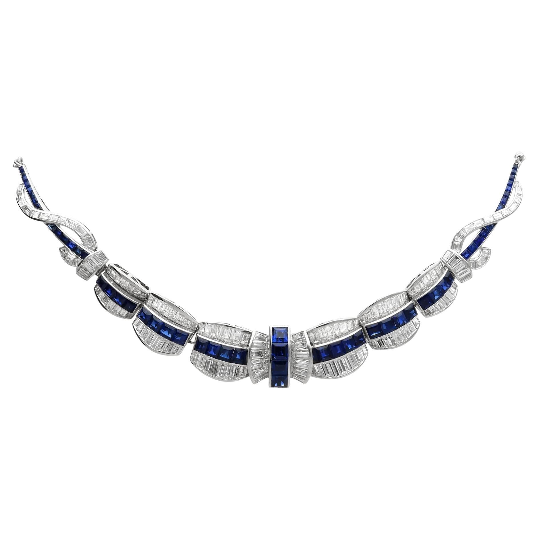 8.14 Carat Basaltic Sapphire 11.79 Carat Diamond Platinum Necklace Circa 1945 For Sale