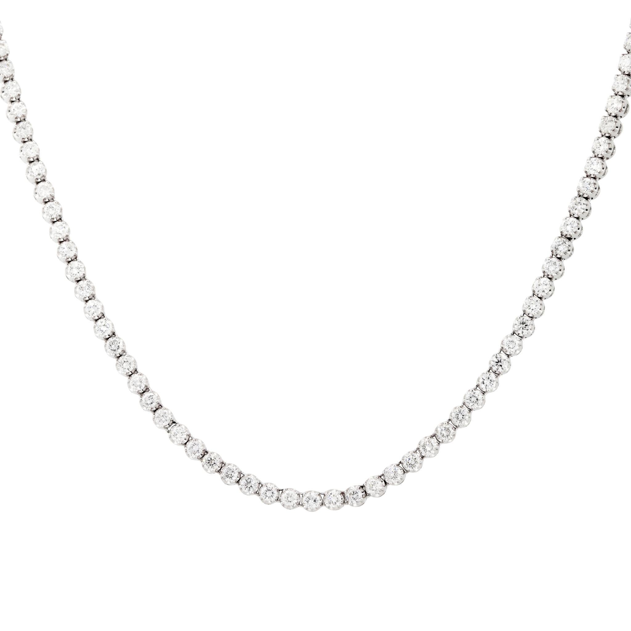 14k White Gold 8.14ctw Diamond Tennis Necklace

Material: 14k White Gold
Diamond Details: Approximately 8.14ctw of Round Brilliant Diamonds
Total Weight: 24.8g (16.0dwt) 
Chain Length: 18