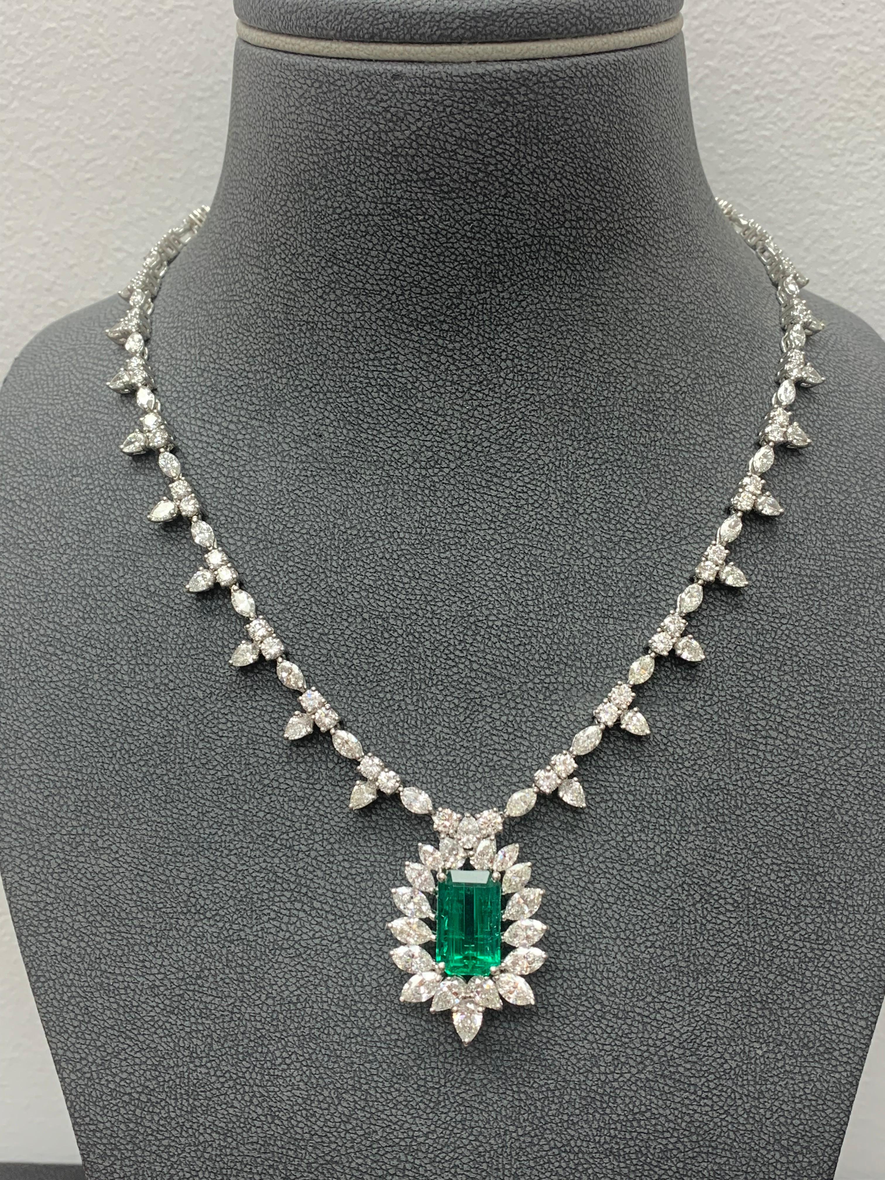 Emerald Cut CERTIFIED 8.14 Carat Emerald and Diamond Necklace in Platinum For Sale