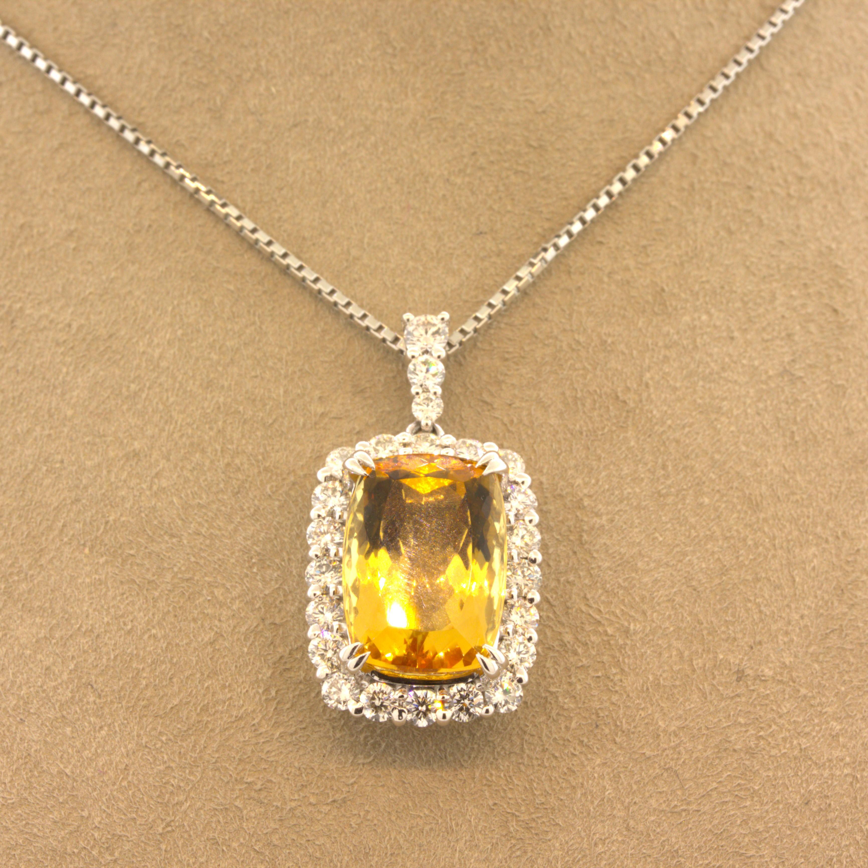 Cushion Cut 8.14 Carat Imperial Topaz Diamond Halo Platinum Drop Pendant For Sale